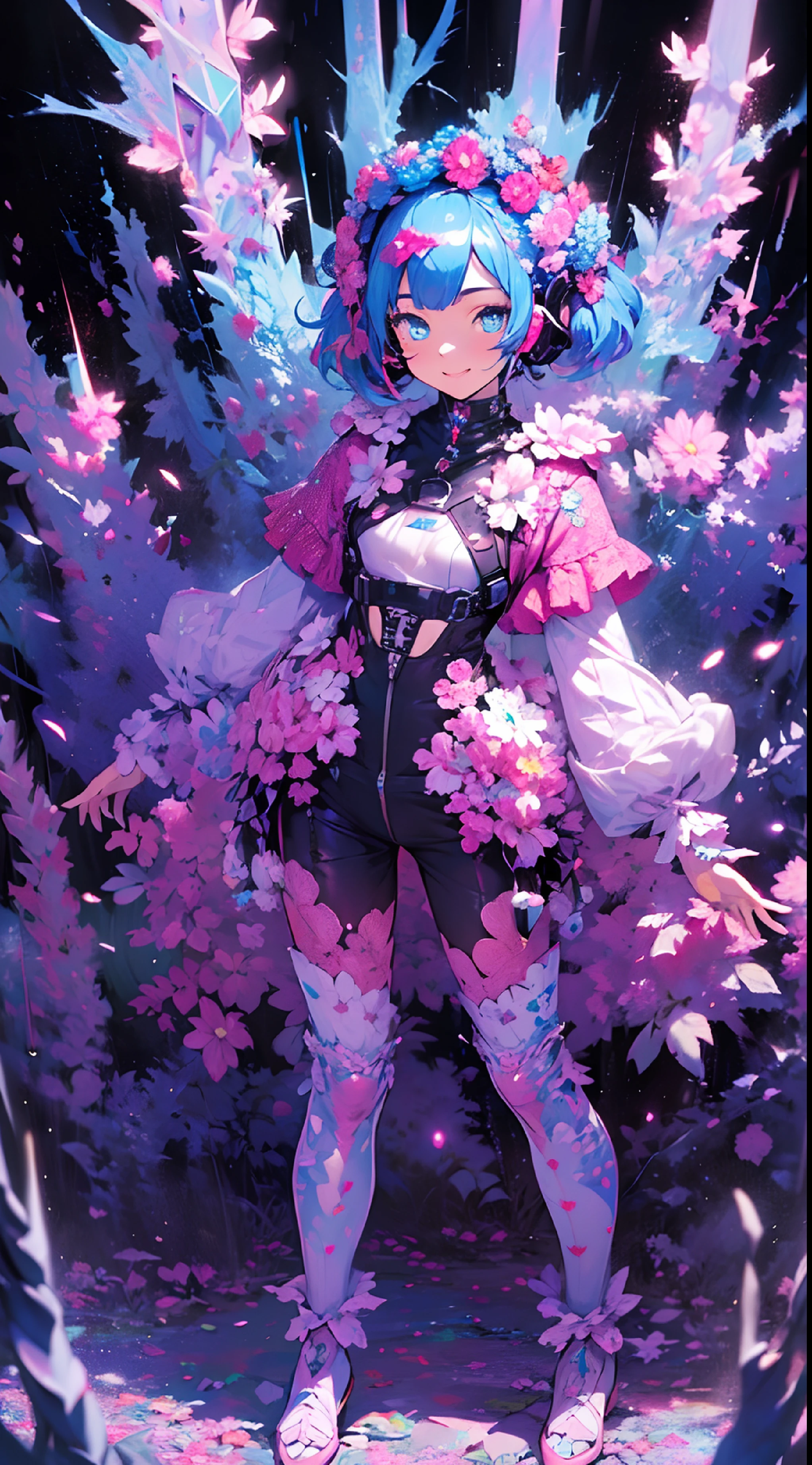 ((cyberpunked)),((flowercrown)),Optical camouflage、headset on head、Neon light、City of the Future、Glowing jumpsuit、(1girl in, Solo:1.6),(Cute smile),(Clothes are simple), (Best Impact:1.5), (maximalism:1.7), Vivid contrast, (Realistic), hyperrealistic illustrations, hight resolution, ultra-detailliert, absurderes,(Fractal Art:1.3)、Random hairstyle、Random hair color colorful、FULL BODYSHOT、Retro、Precise focus、randome pose、cinema4d、Drama