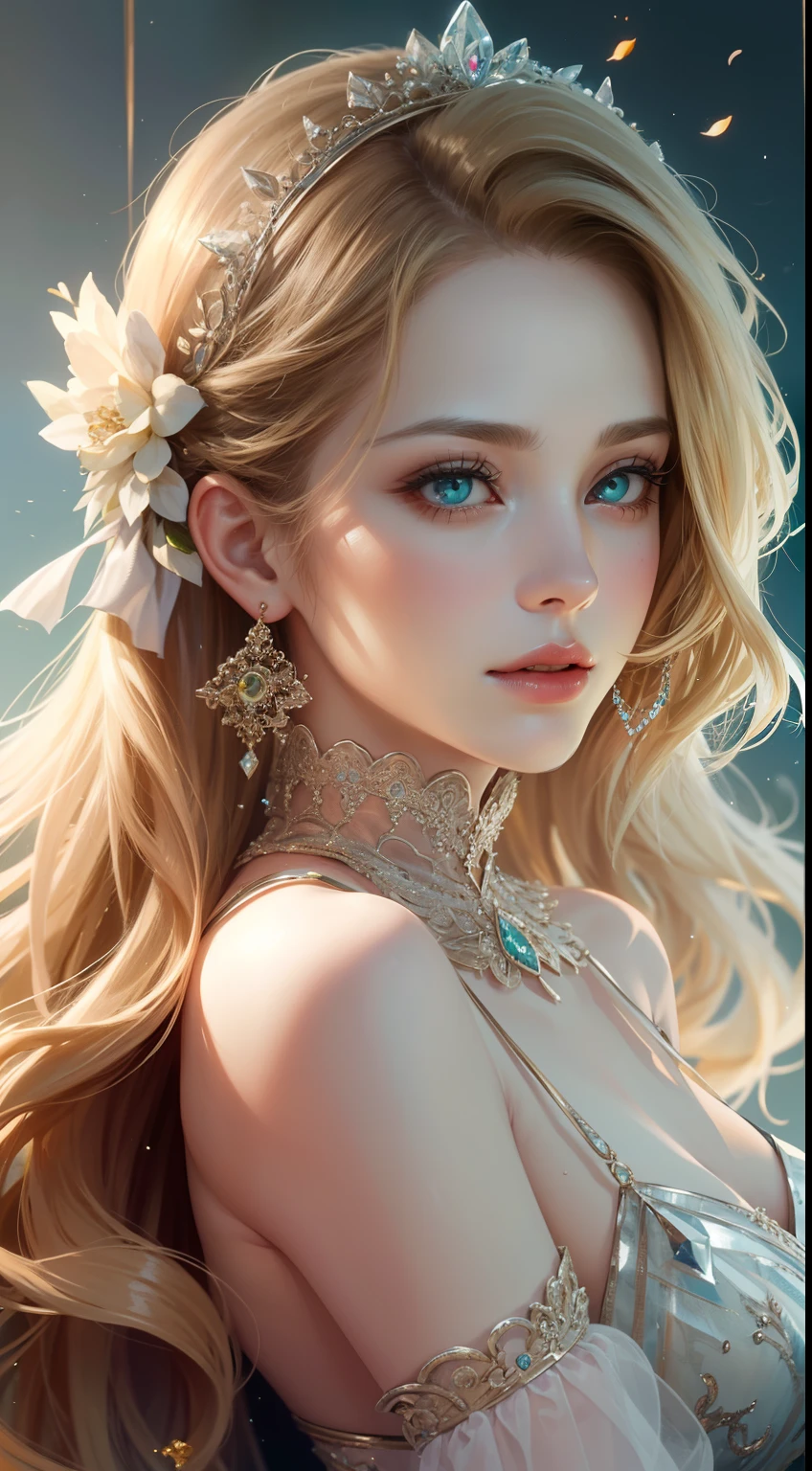 tmasterpiece,Highest high resolution,Dynamic bust of beautiful royal lady,Long blonde hair styling,Green clear eyes,The hair is covered with beautiful and delicate floral craftsmanship, Crystal jewelry filigree,Ultra-detailed details,upscaled。