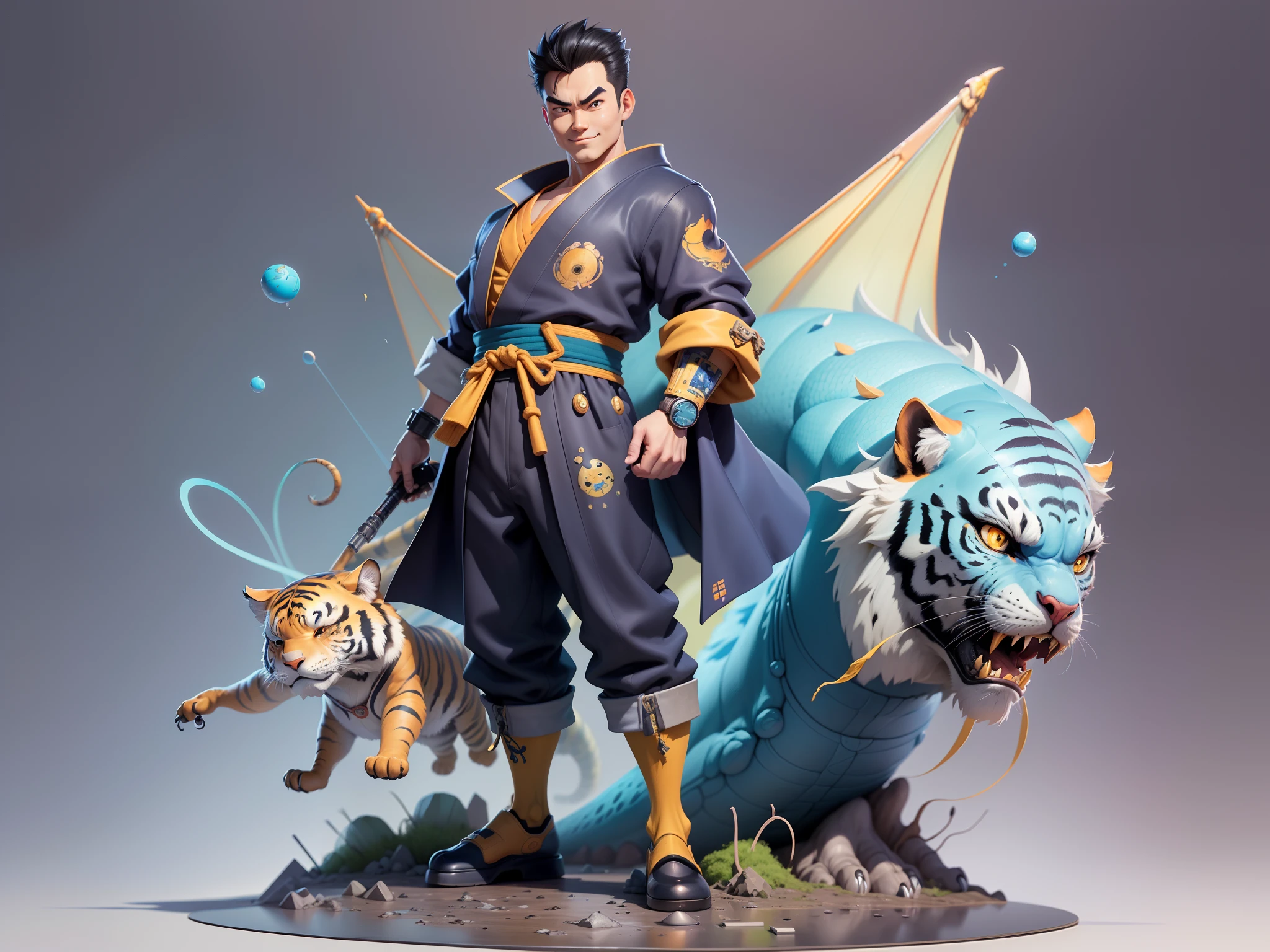 (Masterpiece), (Excellent), (Super Meticulous), (Full Body: 1.2), Super Young Man, Oriental Face, Japanese Kimono, Japanese Wind Thunder God, Dragon, Tiger, TV Anchor, Bust Portrait Illustration, Alone, Black Suit, Blue Tie, Slightly Chubby Face, Very Clean Face, No Beard, Black Super Short Hair, Black Eyes, Confident Smile, 3c Computer Sub-Products, iPad, iPhone, Digital Painting, 3D Character Design by Akira Toriyama and Mark Claireden and Pixar and Hayao Miyazaki, The illustration is a high-definition illustration in 4K resolution with very detailed facial features and cartoon-style visuals.