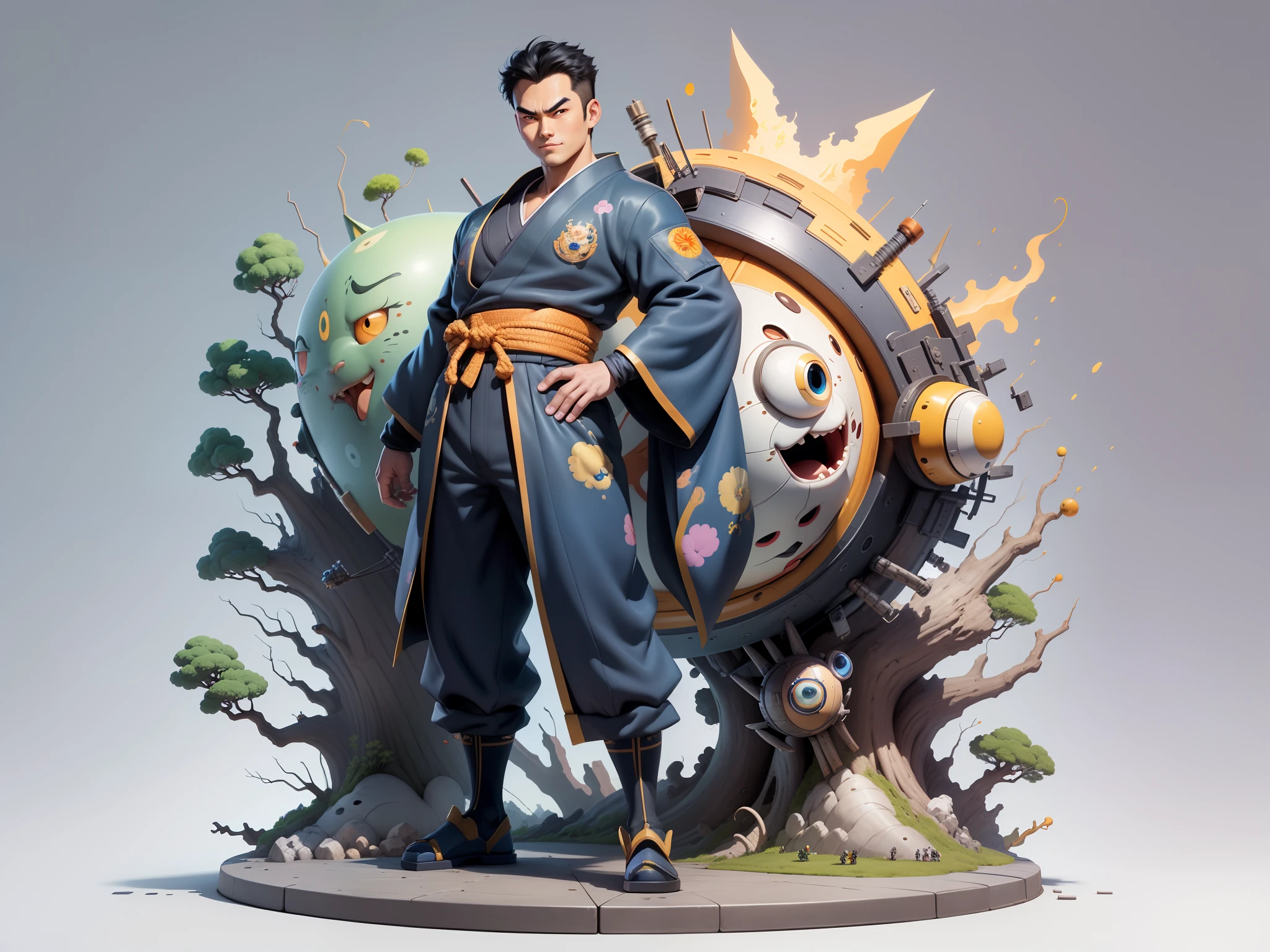 (Masterpiece), (Excellent), (Super Meticulous), (Full Body: 1.2), Super Young Man, Oriental Face, Japanese Kimono, Japanese Wind Thunder God, Dragon, Tiger, TV Anchor, Bust Portrait Illustration, Alone, Black Suit, Blue Tie, Slightly Chubby Face, Very Clean Face, No Beard, Black Super Short Hair, Black Eyes, Confident Smile, 3c Computer Sub-Products, iPad, iPhone, Digital Painting, 3D Character Design by Akira Toriyama and Mark Claireden and Pixar and Hayao Miyazaki, The illustration is a high-definition illustration in 4K resolution with very detailed facial features and cartoon-style visuals.