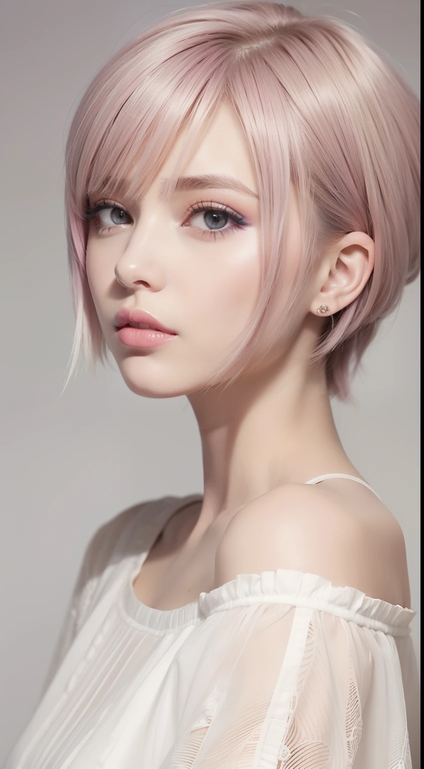 A portrait of a mode casual hairstyle for spring and summer. The hair is styled into a messy pixie cut with pastel tones. The makeup features bright eyeshadows and glossy lips, creating a playful and unconventional appearance.