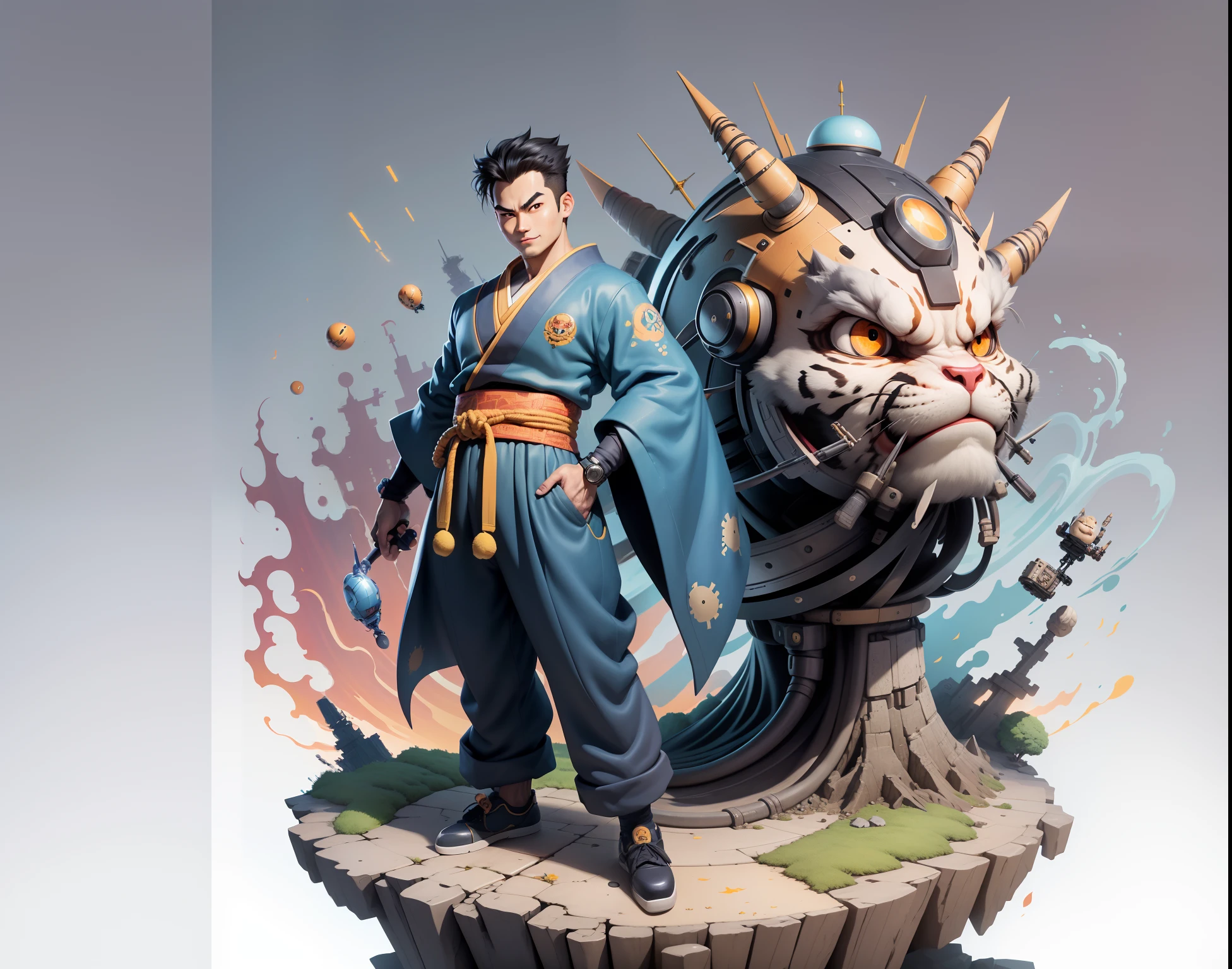 (Masterpiece), (Excellent), (Super Meticulous), (Full Body: 1.2), Super Young Man, Oriental Face, Japanese Kimono, Japanese Wind Thunder God, Dragon, Tiger, TV Anchor, Bust Portrait Illustration, Alone, Black Suit, Blue Tie, Slightly Chubby Face, Very Clean Face, No Beard, Black Super Short Hair, Black Eyes, Confident Smile, 3c Computer Sub-Products, iPad, iPhone, Digital Painting, 3D Character Design by Akira Toriyama and Mark Claireden and Pixar and Hayao Miyazaki, The illustration is a high-definition illustration in 4K resolution with very detailed facial features and cartoon-style visuals.