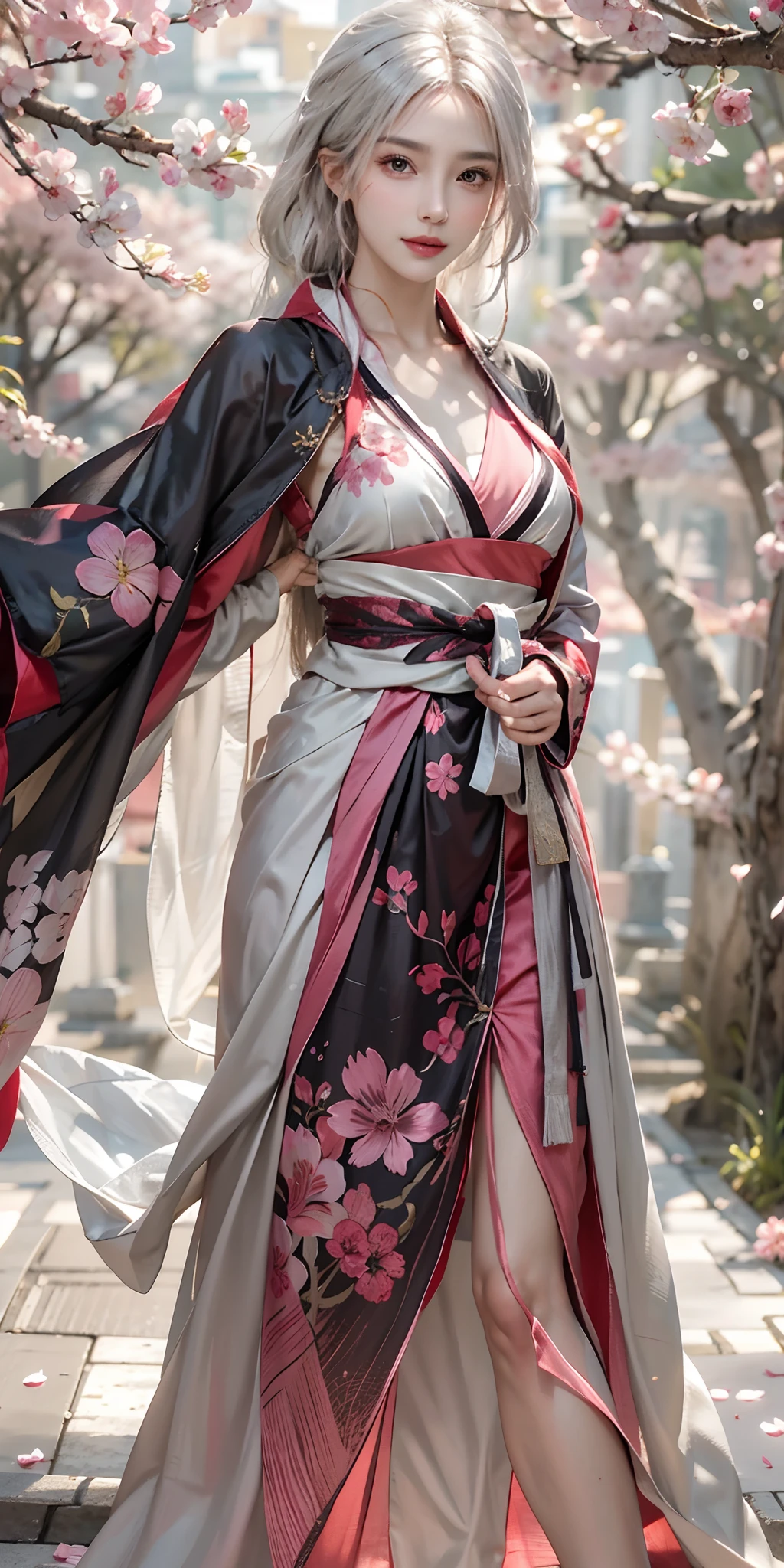photorealistic, high resolution, soft light,1women, solo, hips up, shining skin, (detailed face),tattoo, jewelry, hanfu, cloak, cherry blossom, night, white wavy hair, Beautiful Soldier, Eyes That Invite Viewer, Lover's Perspective, Inviting Expression, Sexy Smile, Perfect Style, Perfect Balance, Detailed Skin, Naughty Gaze, Chest Visible