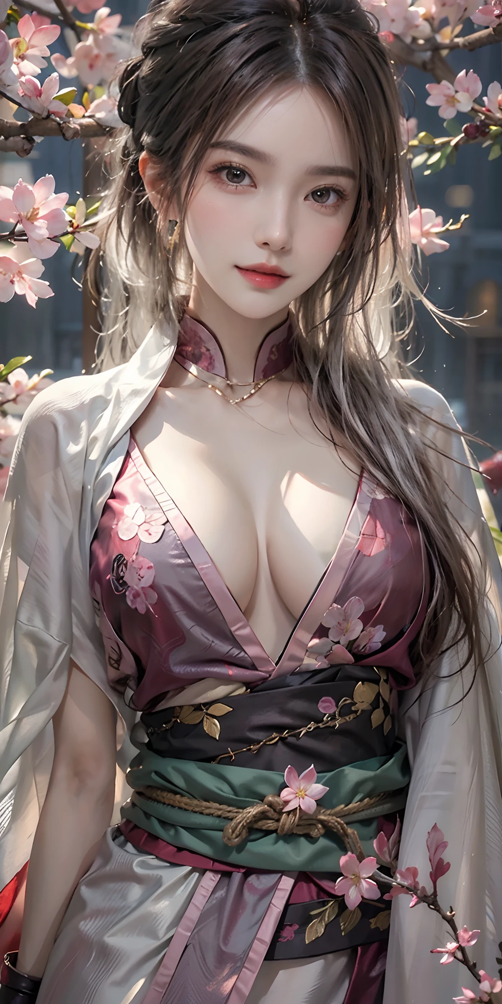 photorealistic, high resolution, soft light,1women, solo, hips up, shining skin, (detailed face),tattoo, jewelry, hanfu, cloak, cherry blossom, night, white wavy hair, Beautiful Soldier, Eyes That Invite Viewer, Lover's Perspective, Inviting Expression, Sexy Smile, Perfect Style, Perfect Balance, Detailed Skin, Naughty Gaze, Chest Visible