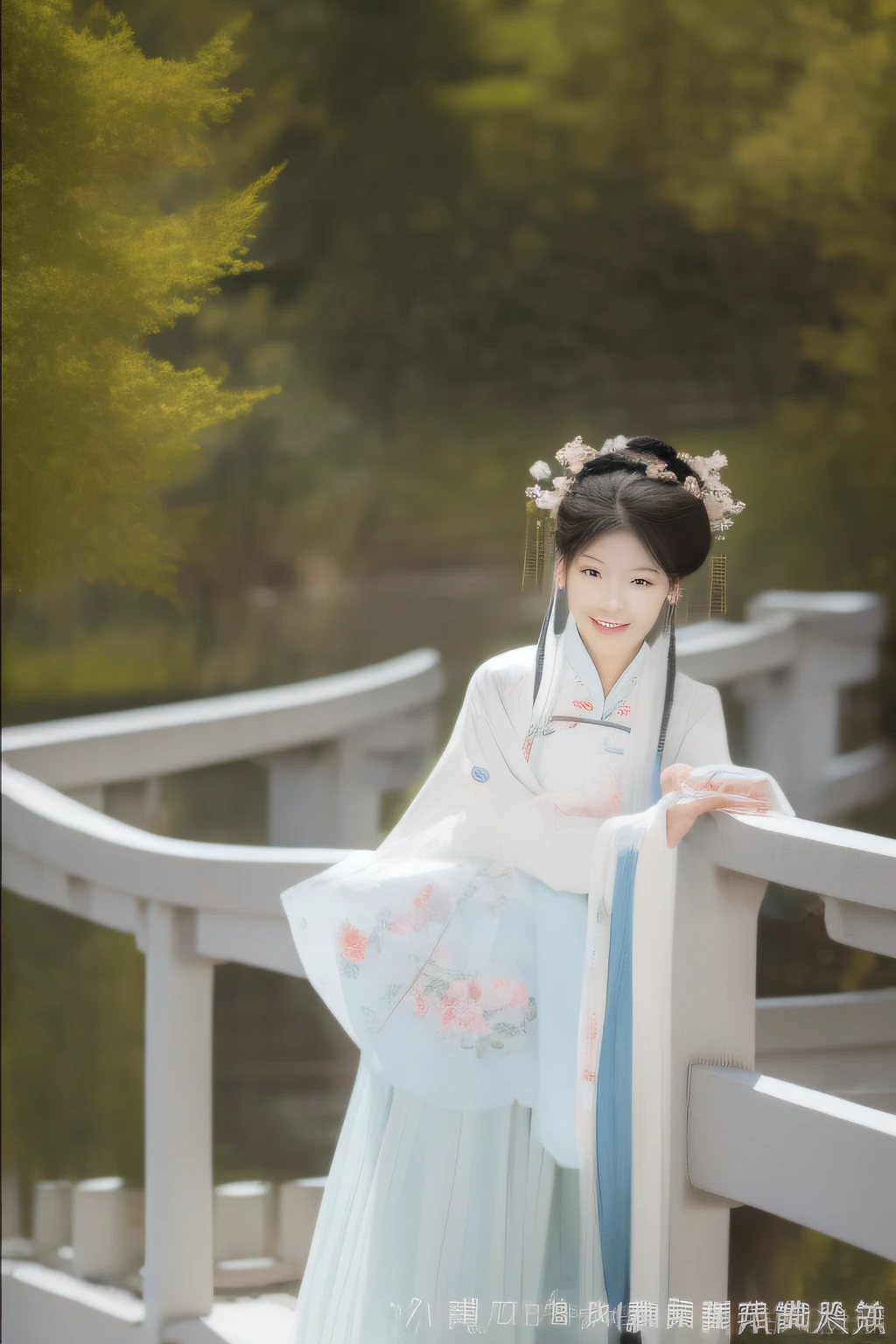 small bridge flowing water，On the bridge deck stood a woman dressed in Chinese clothing。。。。。。。。。。，Delicate facial features，In exuberant spirits。hyper HD