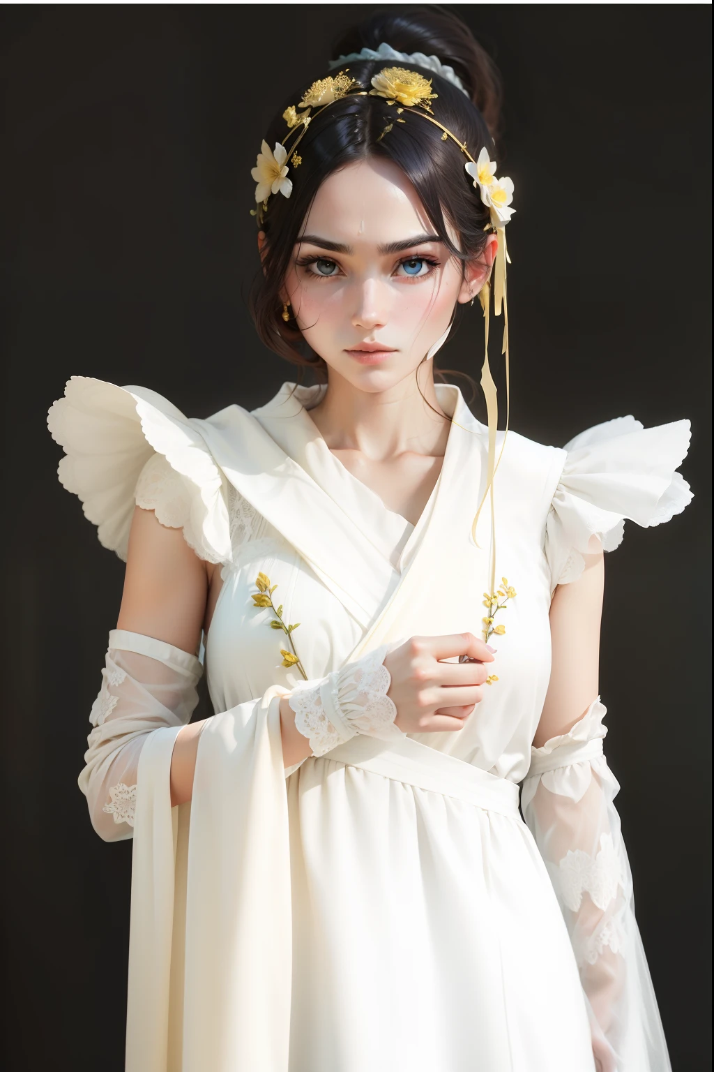Preserve the facial features of the person in the picture,Keep the style of the accessory in the picture,Adjust the color of the clothes to cream yellow,Finally, a picture of the character is formed