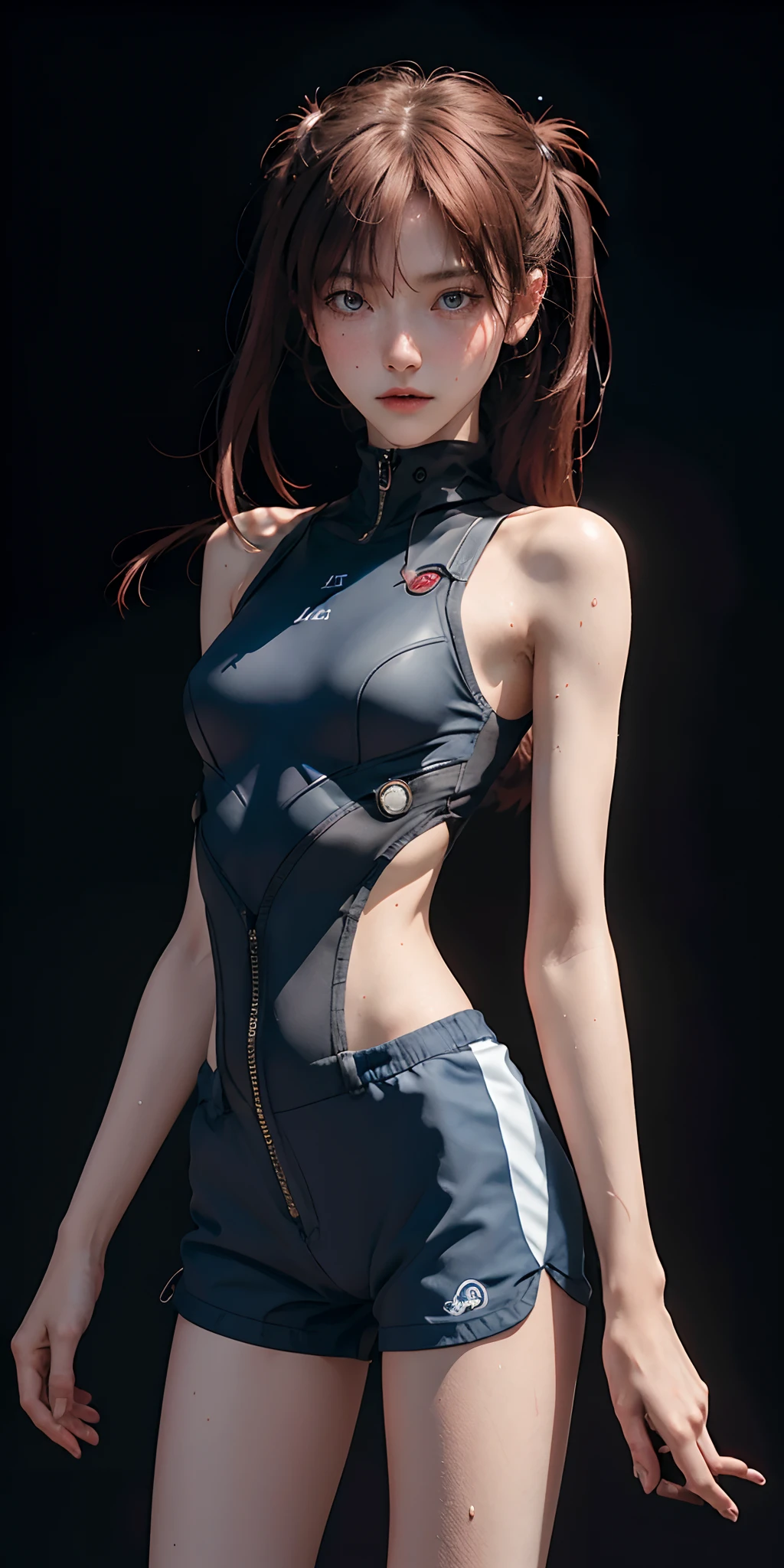 (((realisitic)))a picture, masterpiece, top-quality, 1girl in, a slender waist, top-quality, pale-skinned, Suryu Aska Langle, Plug Suit 02, Black background, (Face and eye details:1.1), Unique, red blush, ((full of shyness)), extremely delicate and beautiful girl, dynamicposes,sun burned body、Sexy combat uniform with many cuts that show more than half of the bare skin、Wearing a tank top、Wearing shorts、perspiring、Excessive perspiration、Sweaty body、drops of sweat by the body、Bold composition、Sweaty feet、ren、backs