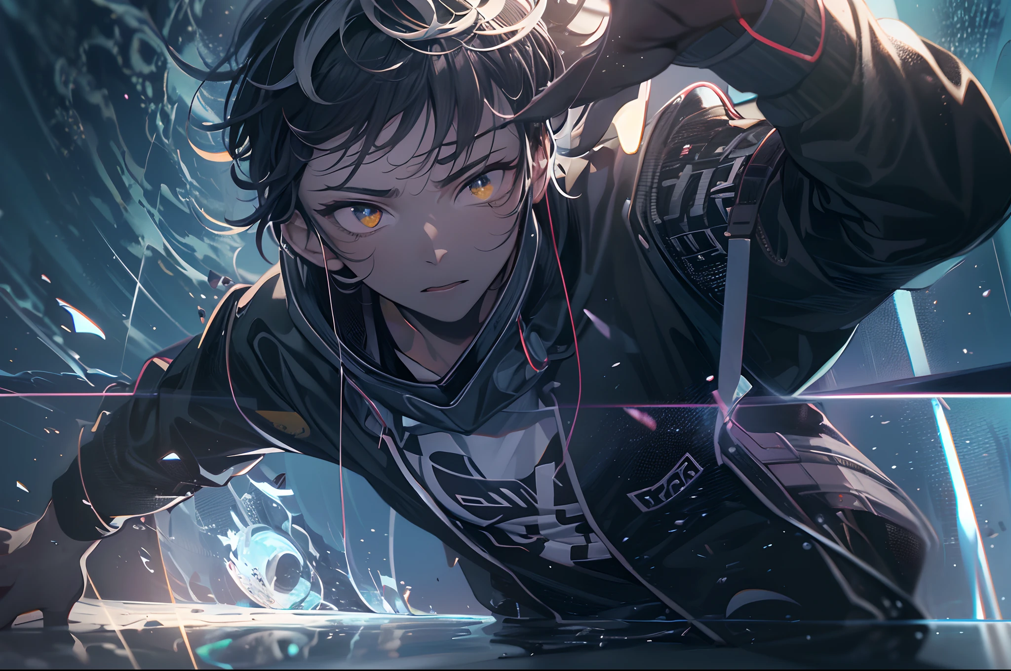 (a male teenager is falling into the dark), ((lower is dark and upper is bright)),(under water), gradient eyes, anime style, chiaroscuro, depth of field, cinematic lighting, god rays, ray tracing, reflection light, glowing light, ((panorama)), highres, (masterpiece), best quality, highres, (super detail), anatomically correct, UHD, textured skin