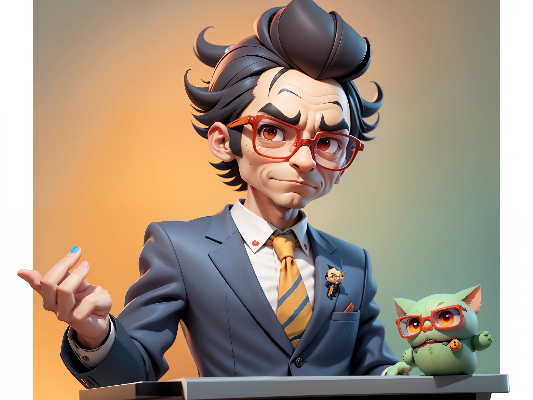 A young man in a suit, Short hair and glasses sat at his desk,holding laptop,digitial painting,tigre,3D character design by Mark Clairen and Pixar and Hayao Miyazaki and Akira Toriyama,4K HD illustration,Very detailed facial features and cartoon-style visuals。