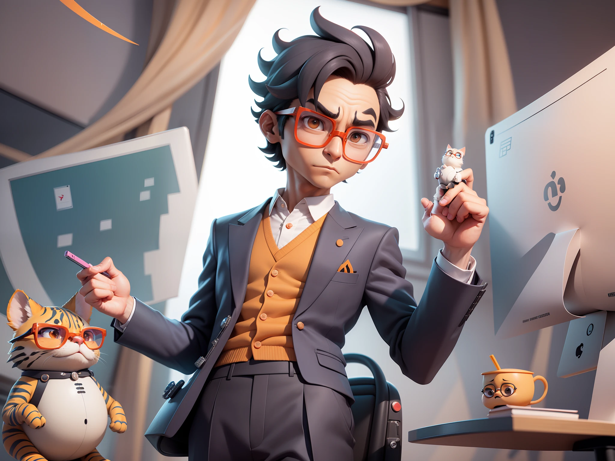 A young man in a suit, Short hair and glasses sat at his desk,holding laptop,digitial painting,tigre,3D character design by Mark Clairen and Pixar and Hayao Miyazaki and Akira Toriyama,4K HD illustration,Very detailed facial features and cartoon-style visuals。