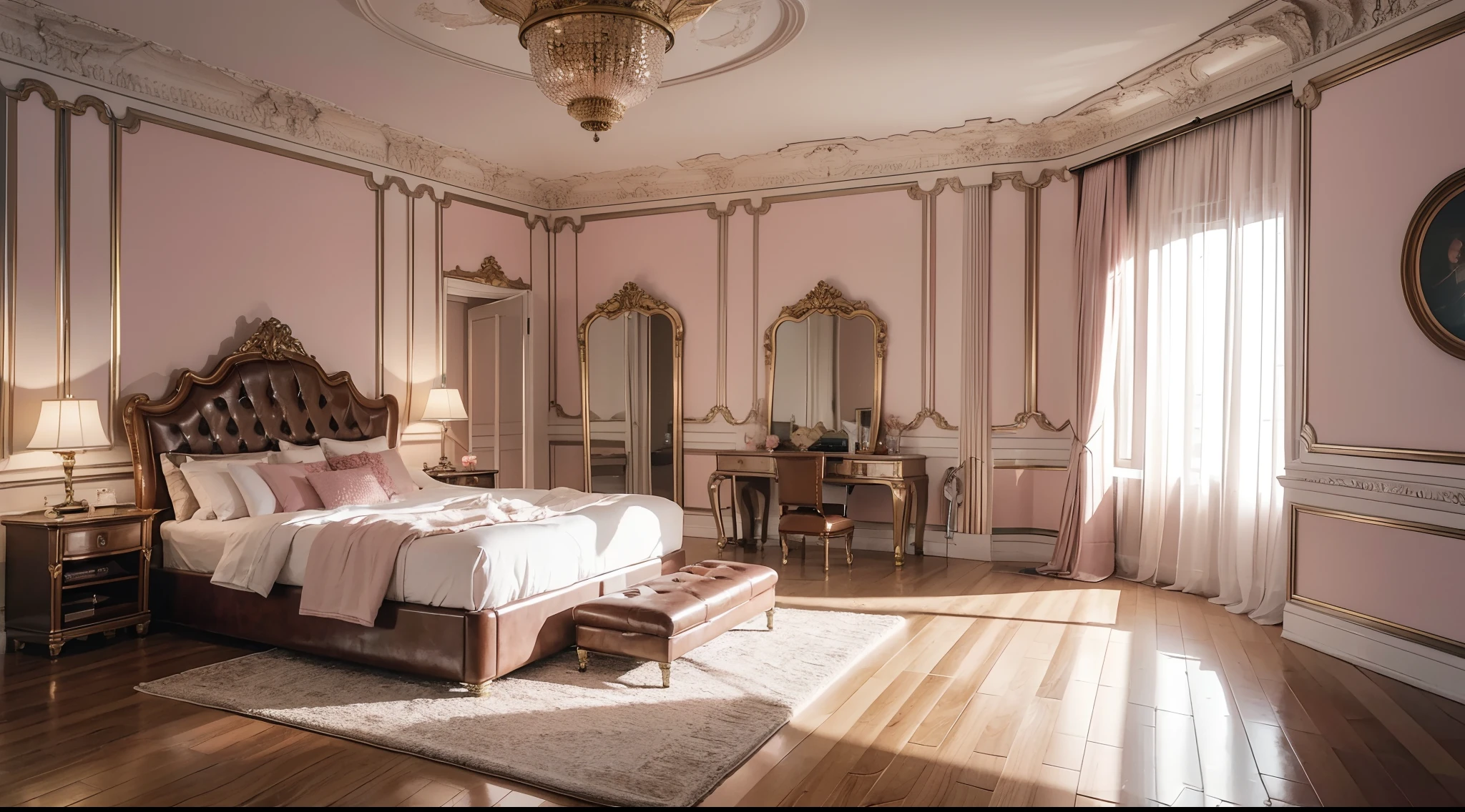 masterpiece, ccurate, super detail, high detail, high quality, best quality, highres, 4K, cinematic lighting, interior architecture, 2-person bedroom fully furnished, leather furniture, very light pink color, EU5.