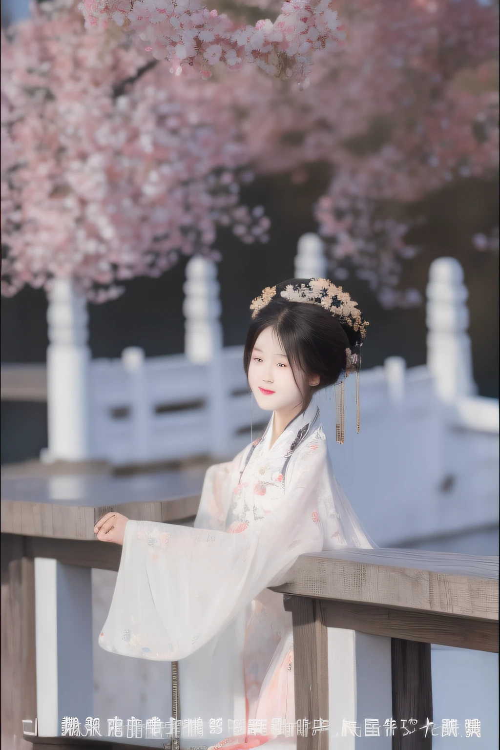 small bridge flowing water,On the bridge deck stood a woman dressed in Chinese clothing。。。。。。。。。。。。,Delicate facial features,In exuberant spirits。hyper HD
