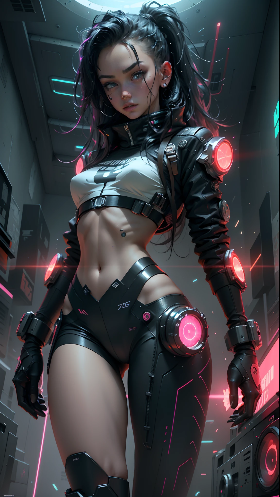 cybernized girl with cyberpunk prosthetics in single underpants, long hair, Spaceship inside, futuristic style, Sci-fi, hyper detailed, laser in center, laser from the sky, energy clots, photorealism, hyper realism, acceleration, light flash, speed, painting, 8K, HD, super resolution , Cinematic, Long Exposure, 8K, HD, Super-Resolution, Laser