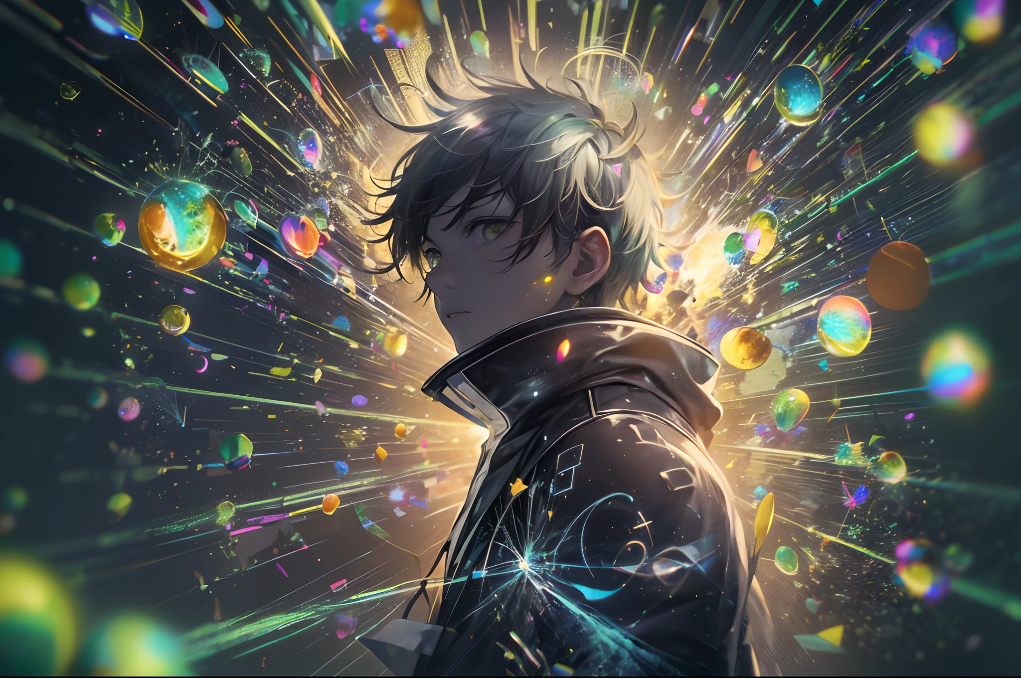 (a male teenager is falling into the dark), ((lower is dark and upper is bright)), colorful small bubbles float up, anime style, chiaroscuro, depth of field, cinematic lighting, god rays, ray tracing, reflection light, glowing light, ((wide shot)), highres, (masterpiece), best quality, highres, (super detail), anatomically correct, UHD, textured skin