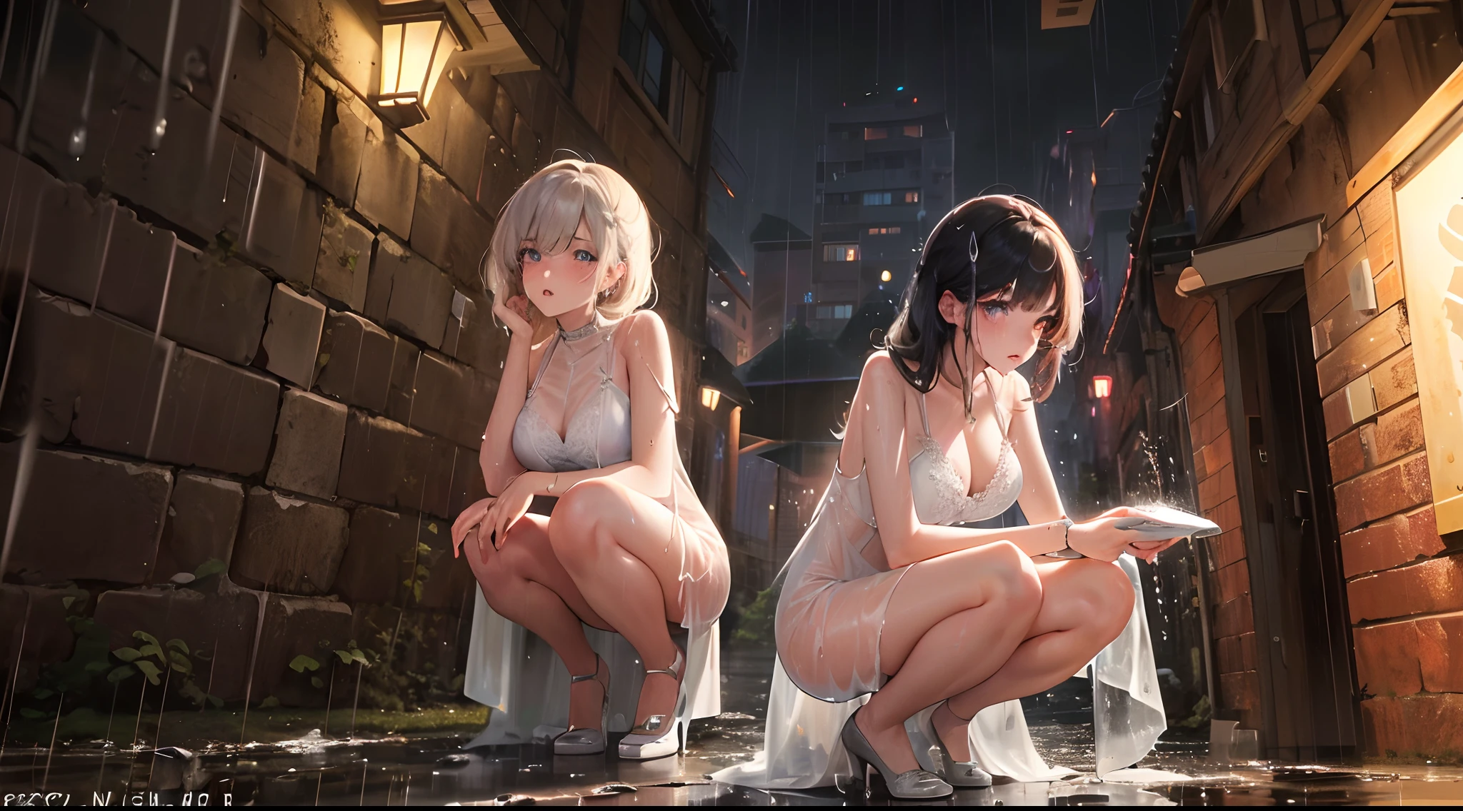 (Masterpiece:1.2, Best quality), (Real picture, Intricate details), (Night, Dark, heavy rain poured:1.4)
There was no one in the alley, the surroundings were silent, only the raindrops sprinkled on the tile eaves of the low houses near and far, making a slight rustling sound. In the cold rain, (1 beautiful 22 year old pakistani girl, Big breasts, Wet dress, Super sexy, Perfect eyes:1.2) squatting on the ground, legs are open, Dynamic pose, small clothes drenched in rain, Ultra photo realsisim, Highly detailed, 8K, 3D high - definition