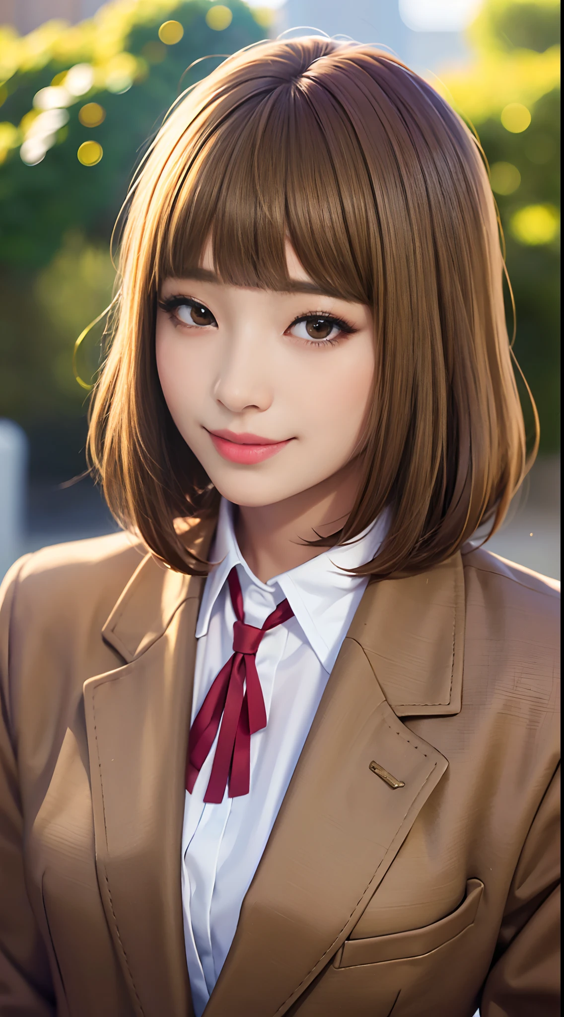 (masterpiece,best quality, detailed), 1girl, solo, outdoors, evening, upper body, smile, closed mouth, squinting, eyelashes,
midorikawa hana, brown jacket, neck ribbon, collared shirt, school uniform