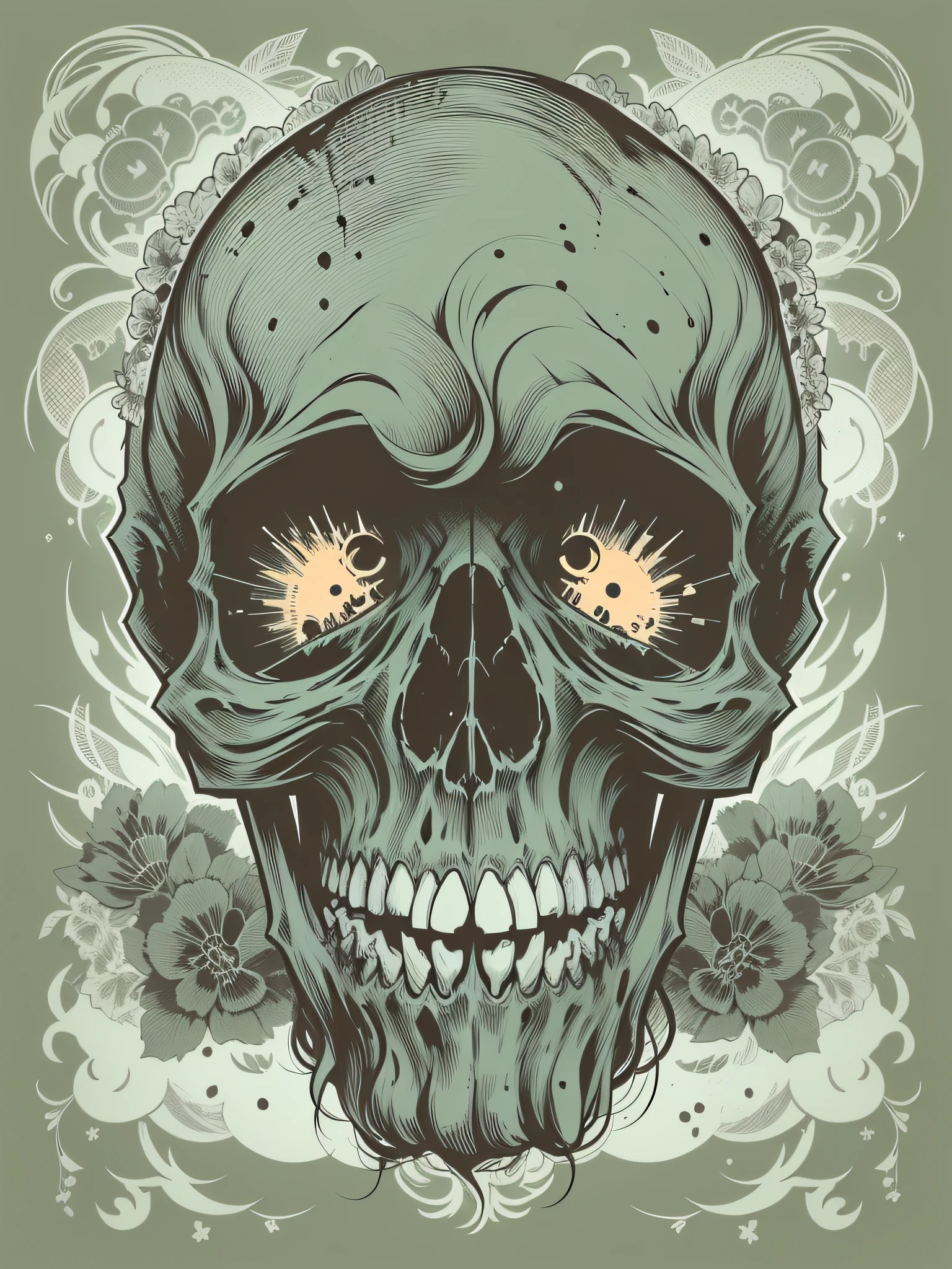 Skull head,Capone hat,cartoon,neon Green outlines,Sakura flower, black Background 