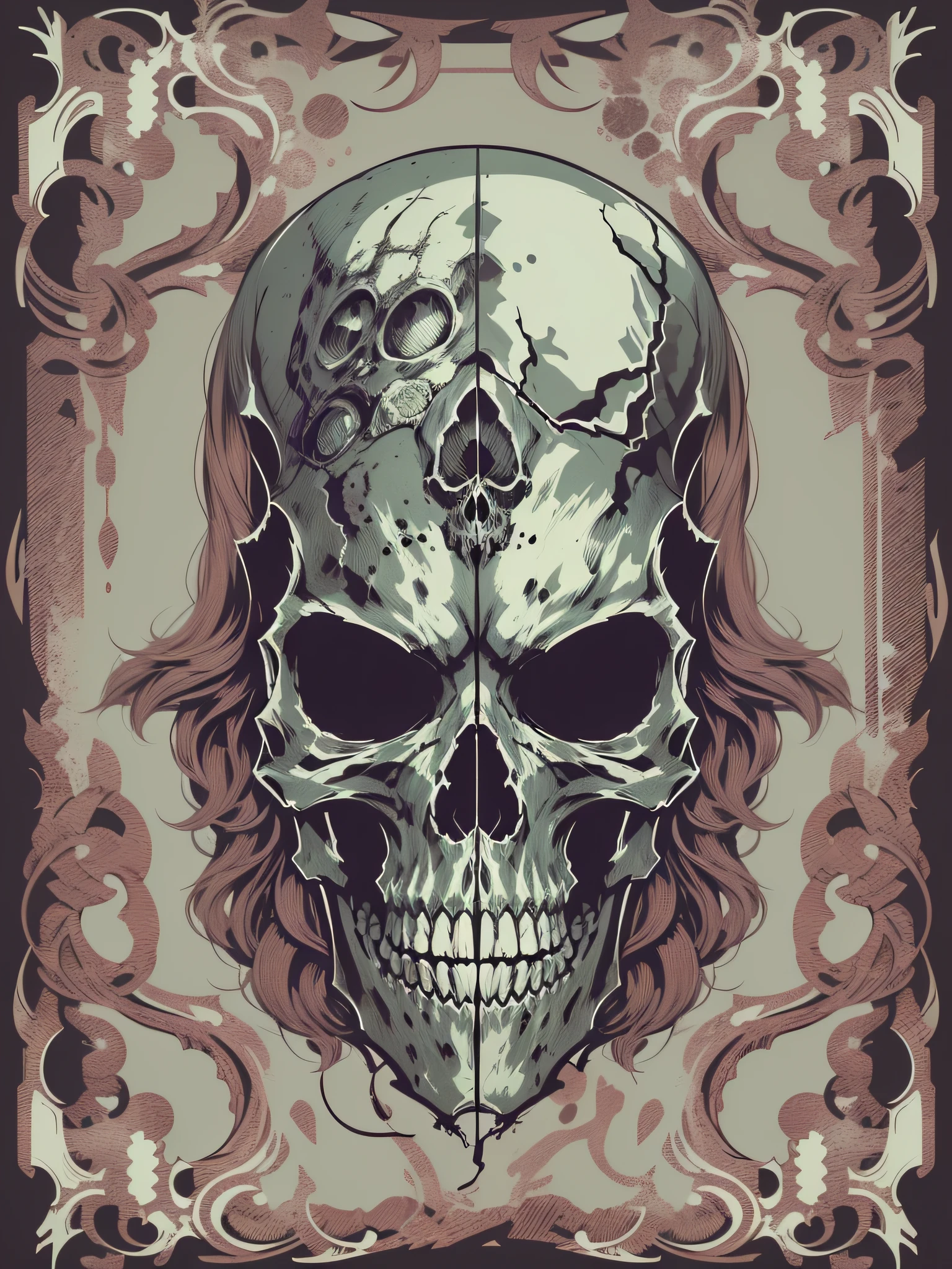 printable t-shirt vector of a dark style skull face, hand drawn art style image, image with white background, outline of skull, image in shabby color tones