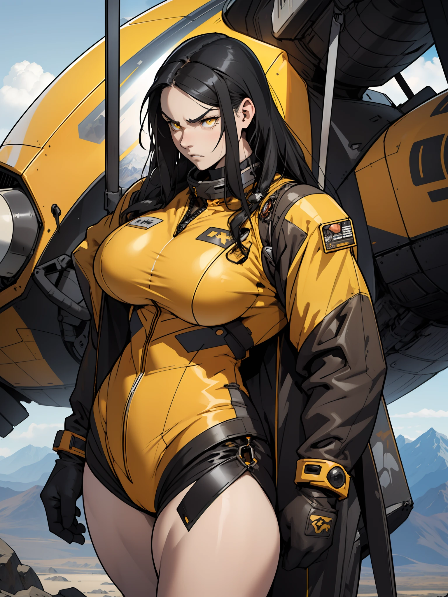 1 girl, solo, mountain range background, extremely long hair, black hair, yellow eyes, (((pilot suit))), pale skin, ((((((muscular)))))), ((thick thighs)), ((huge breasts)), angry