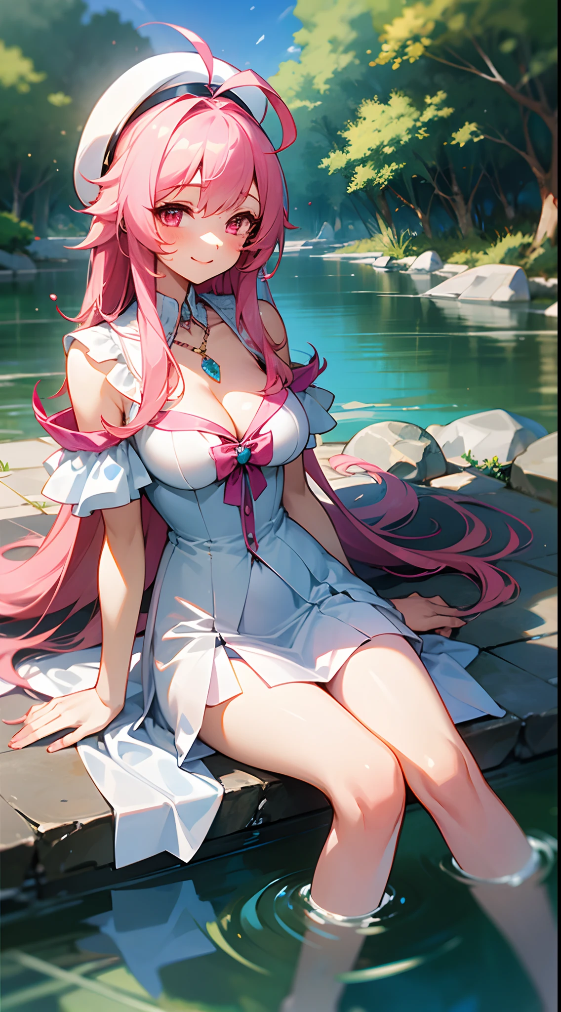 1 girl, game CG, transparent white clothes, cleavage visible, shoulder visible, transparent white short skirt, small white beret, jewel pendant, gigantic breasts, pink hair, long hair, straight hair, princess hairstyle, ahoge, pink eyes, smile, get wet, splash, river, sit,