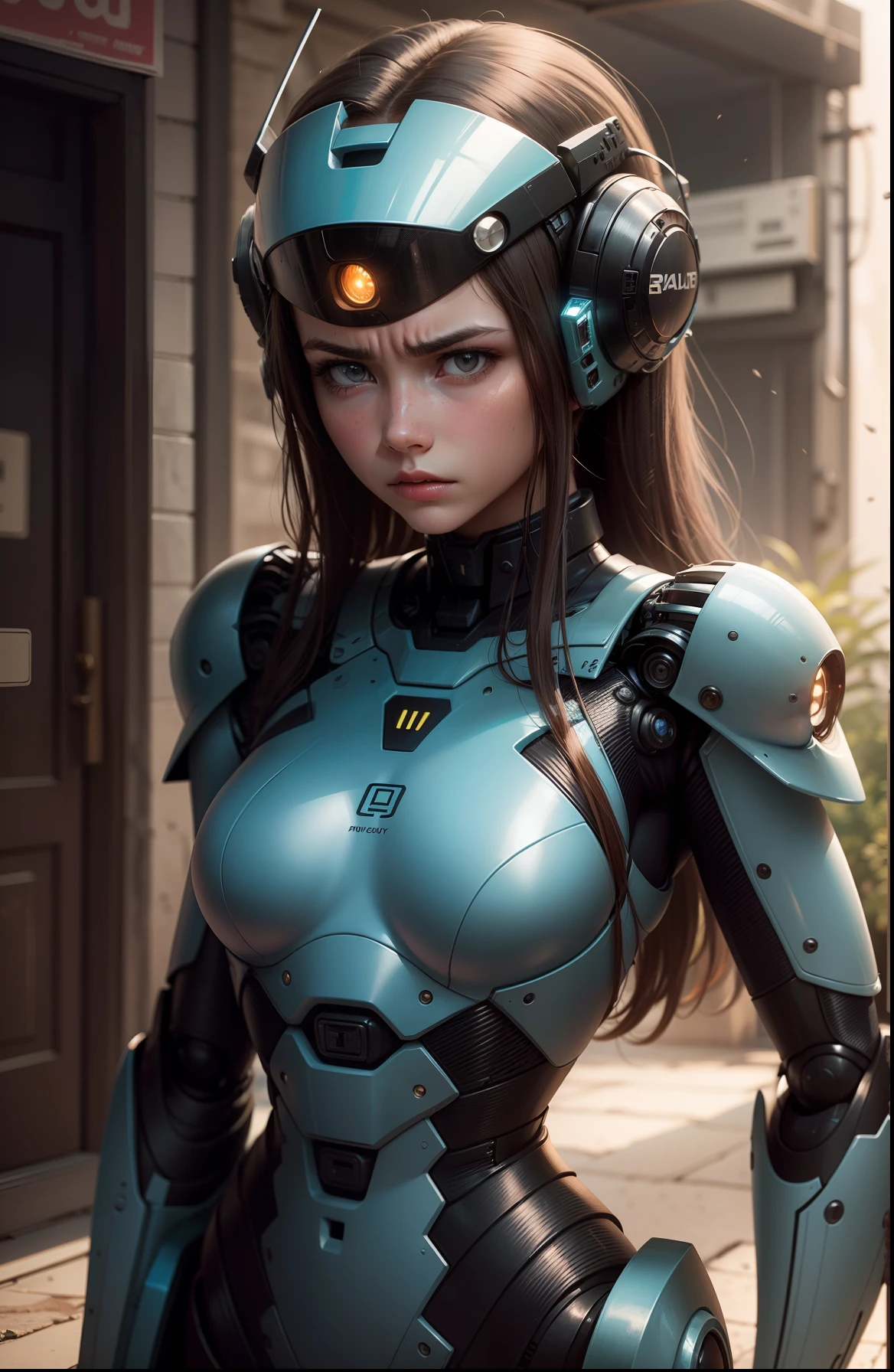 A very beautiful girl is unhappy in a robot city