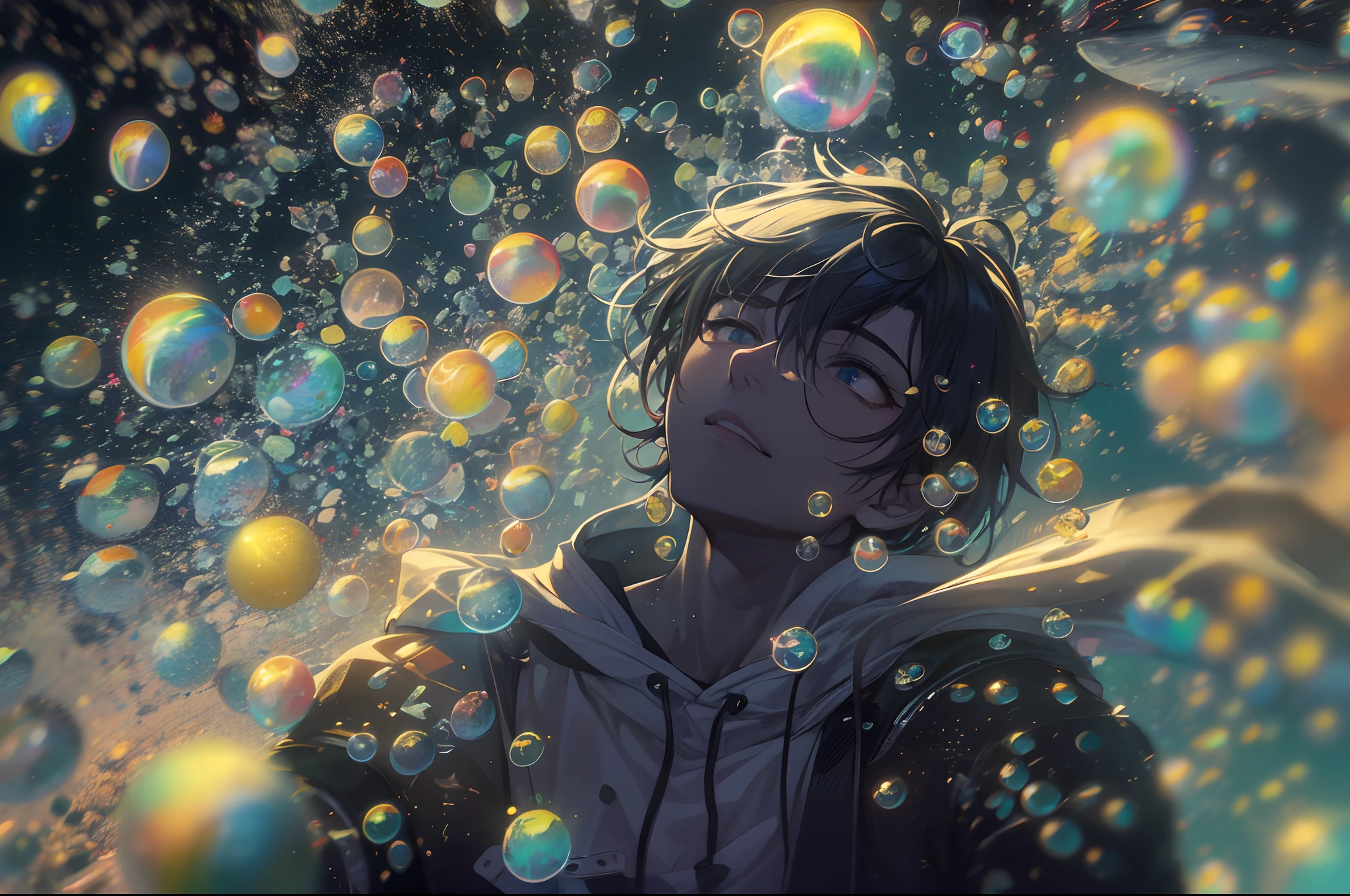 (a male ager is sinking into the dark), ((lower is dark and upper is bright)), colorful small bubbles float up, anime style, chiaroscuro, depth of field, cinematic lighting, god rays, ray tracing, reflection light, glowing light, ((wide shot)), highres, (masterpiece), best quality, highres, (super detail), anatomically correct, UHD, textured skin
