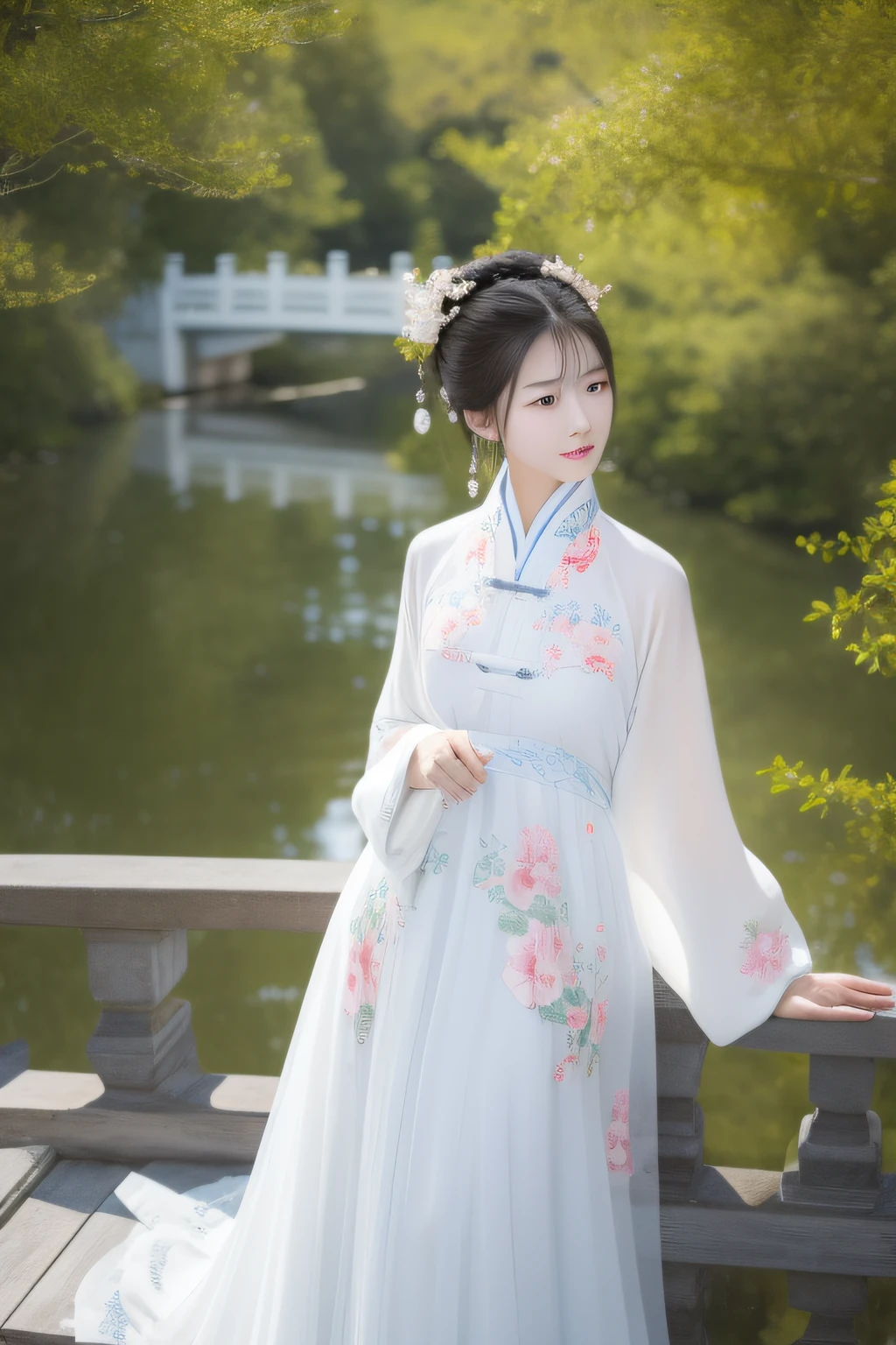 small bridge flowing water,On the bridge deck stood a woman dressed in Chinese clothing。。。。。。。。。。。。。,Delicate facial features,In exuberant spirits。hyper HD