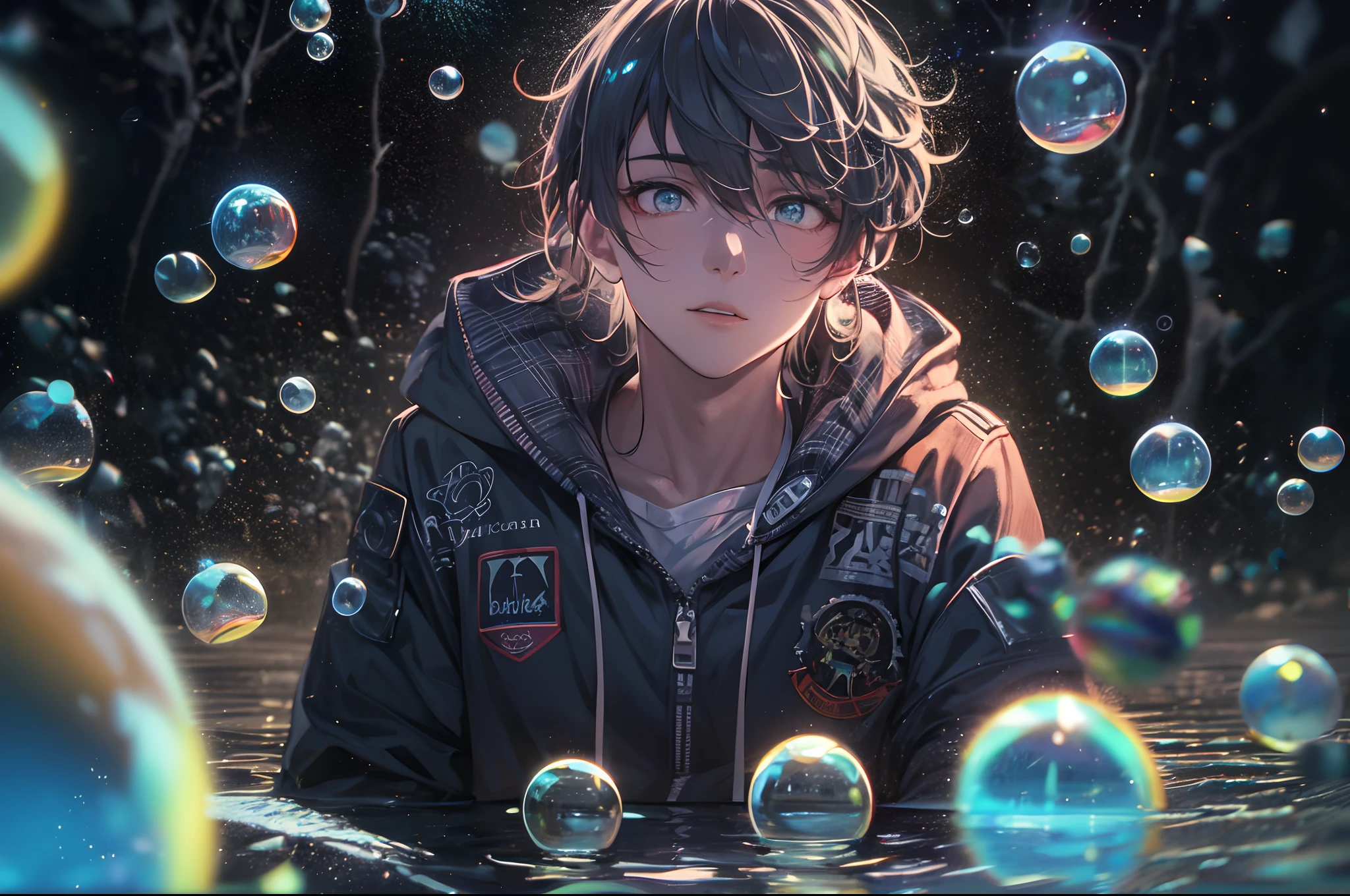 (a male teenager is sinking into the dark), ((lower is dark and upper is bright)), colorful small bubbles float up, anime style, chiaroscuro, depth of field, cinematic lighting, god rays, ray tracing, reflection light, glowing light, ((wide shot)), highres, (masterpiece), best quality, highres, (super detail), anatomically correct, UHD, textured skin