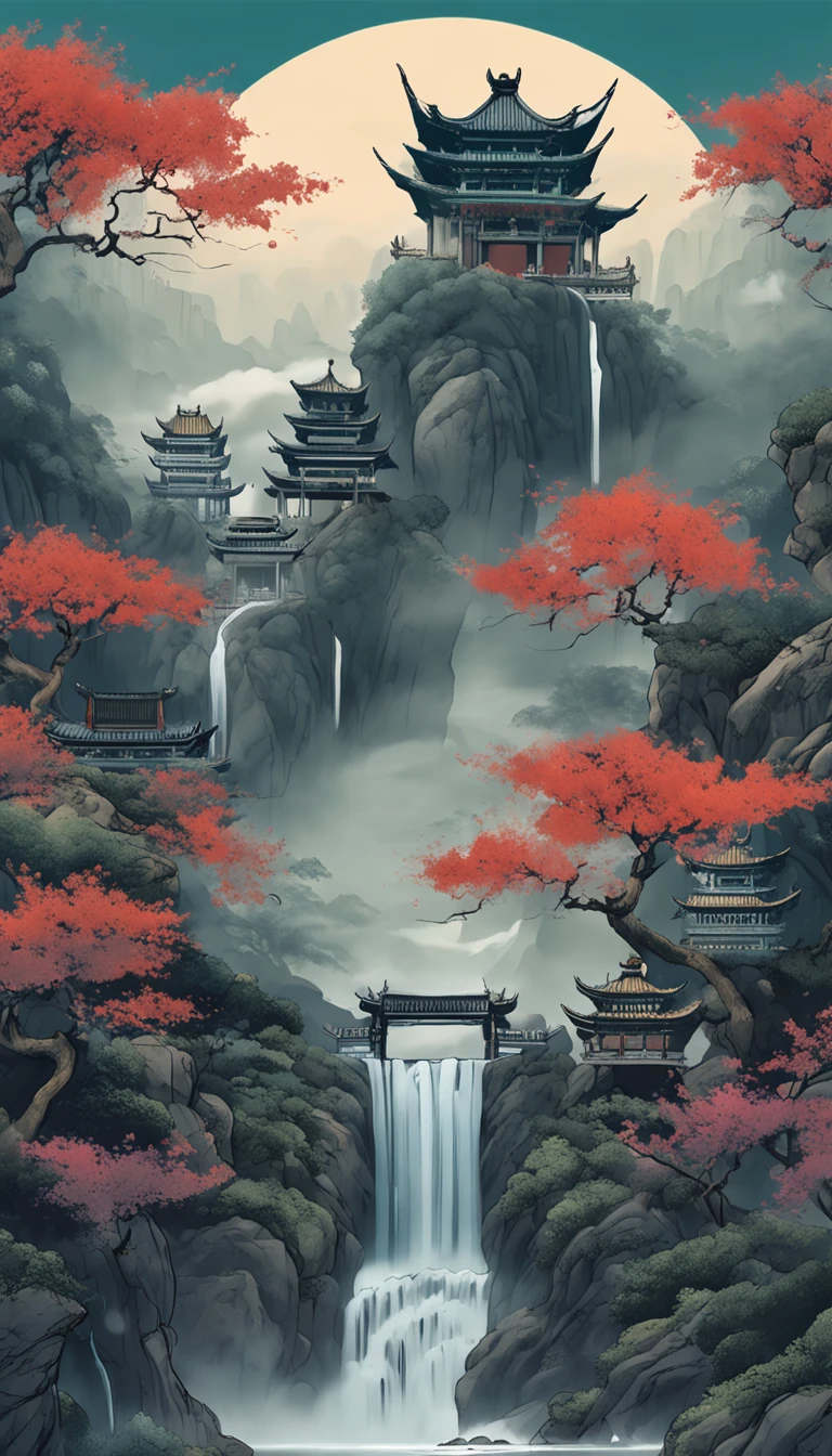 Chinese style,chinese landscape with a waterfall, trees and bushes, temple in the mountains, arched doorways, Towering mountains, Cloud surround, ethereal and otherworldly atmosphere, dragoncore, CG, Cloudy day, dark indigo and gray