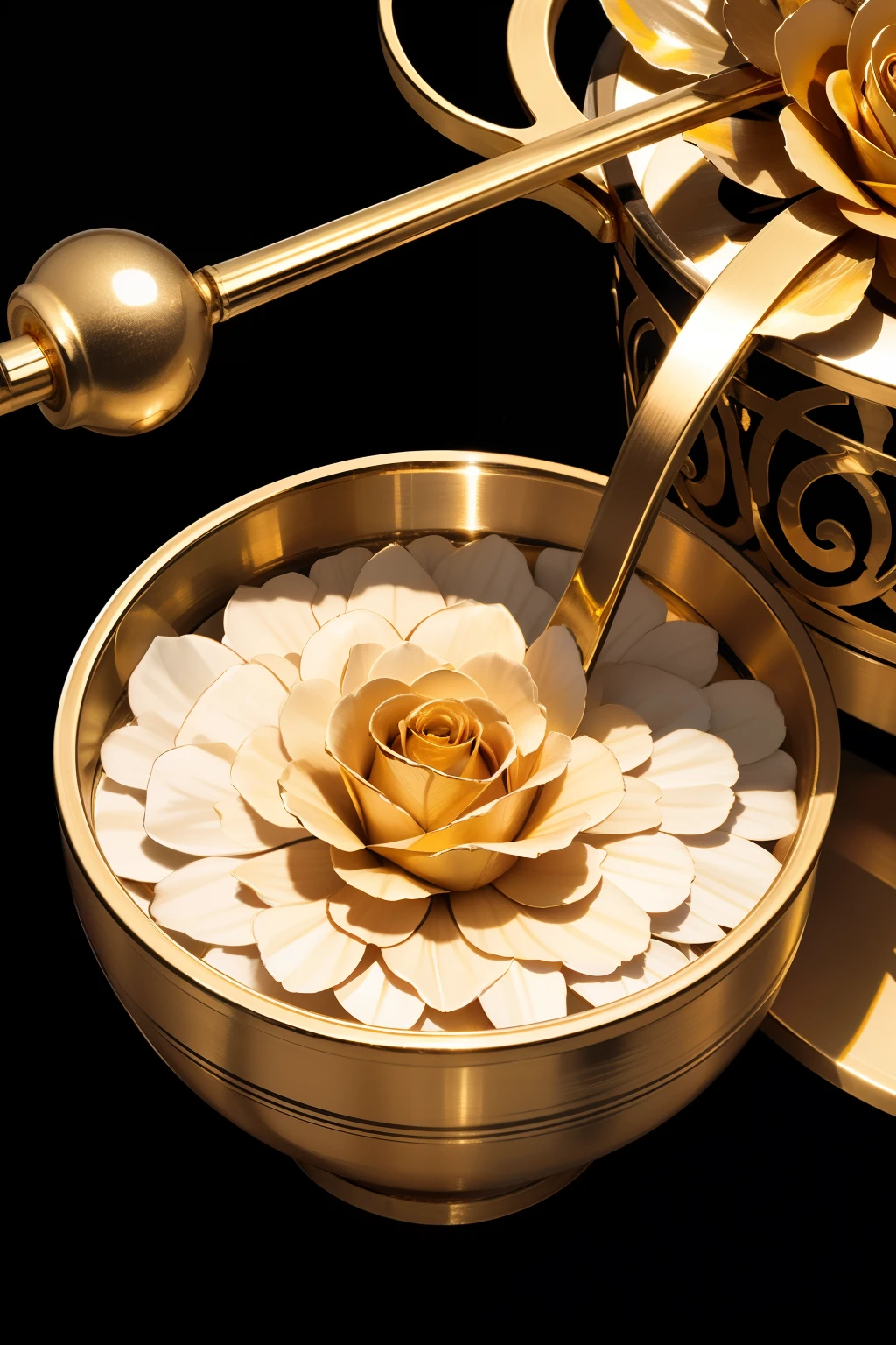 1 full golden all-metal rose,metalictexture,All metals,gold parts,Reflectors,Material of metal,golden flowers,super detailing,Ultra-clear image quality,solid color backdrop,