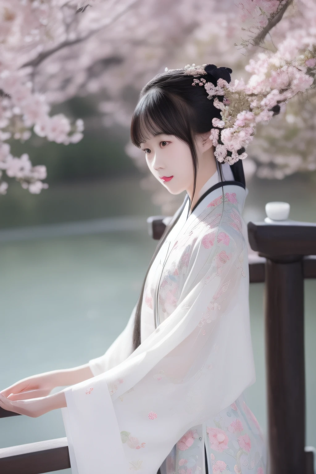 small bridge flowing water,On the bridge deck stood a woman dressed in Chinese clothing。。。。。。。。。。。。。,Delicate facial features,In exuberant spirits。hyper HD