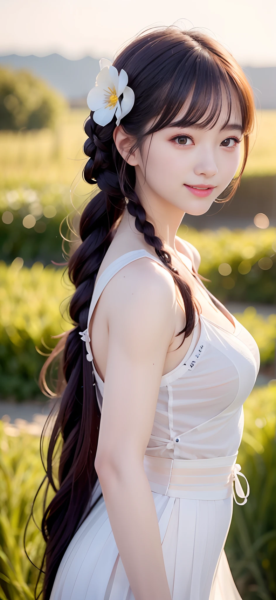 18-year-old smiling female classmate,(best qualtiy,8K,tmasterpiece:1.3),Goose egg face,largeeyes,long eyelasher,Exquisite(live-action realistic style),Star-like eyes,Ultimate face,Photorealistic light and shadow,Clear facial features,Milky white skin,Fair skin, highdetailskin, Realistic skin details, Visible Pore,(Super detail),(perfect bodies:1.1),Two braids,Hanfu,Ribbons,(dynamicposes),((Dynamic background((volumettic light:1.3)) ,grassy fields,school ground