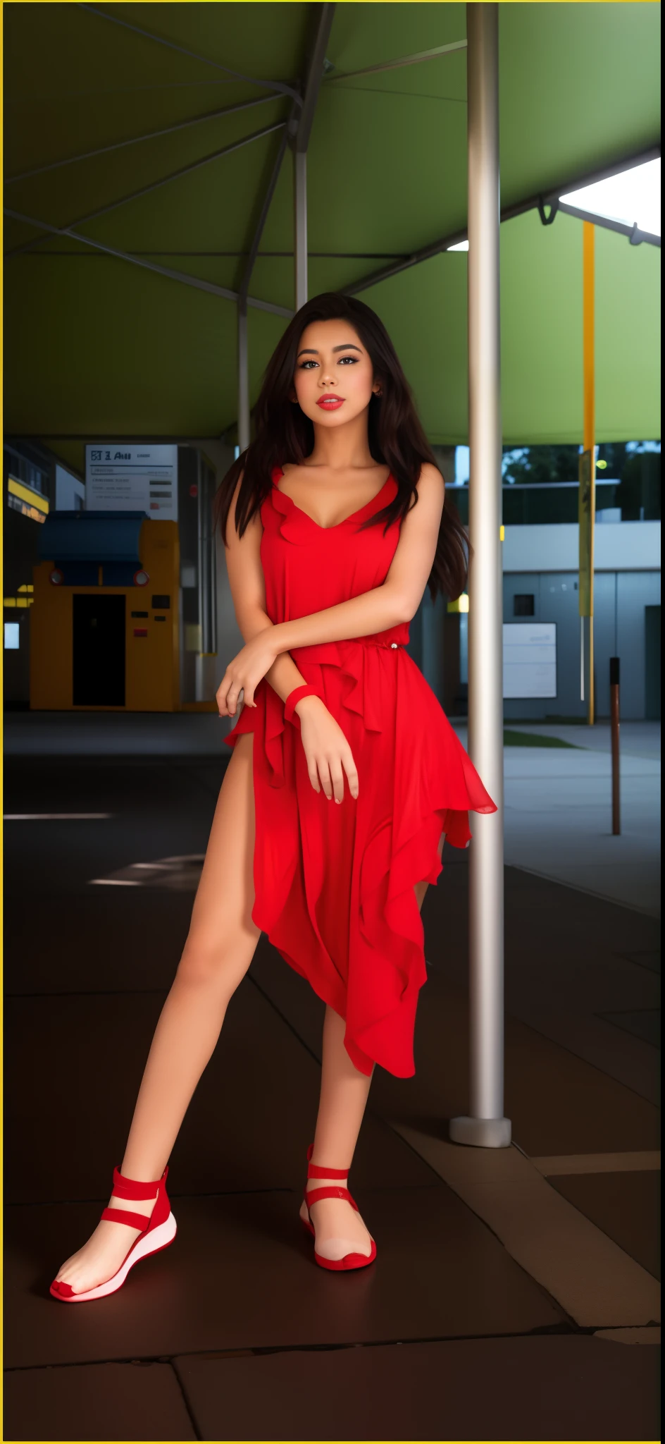 araffe woman in a red dress standing under a covered area, full body photogenic shot, posing!!, standing!!, with a cool pose, with lovely look, at college, edited in photoshop, with fashion clothe, candid picture, * colour splash *, full body shot!!, casual pose, cool pose, stylish pose, taken with the best dlsr camera