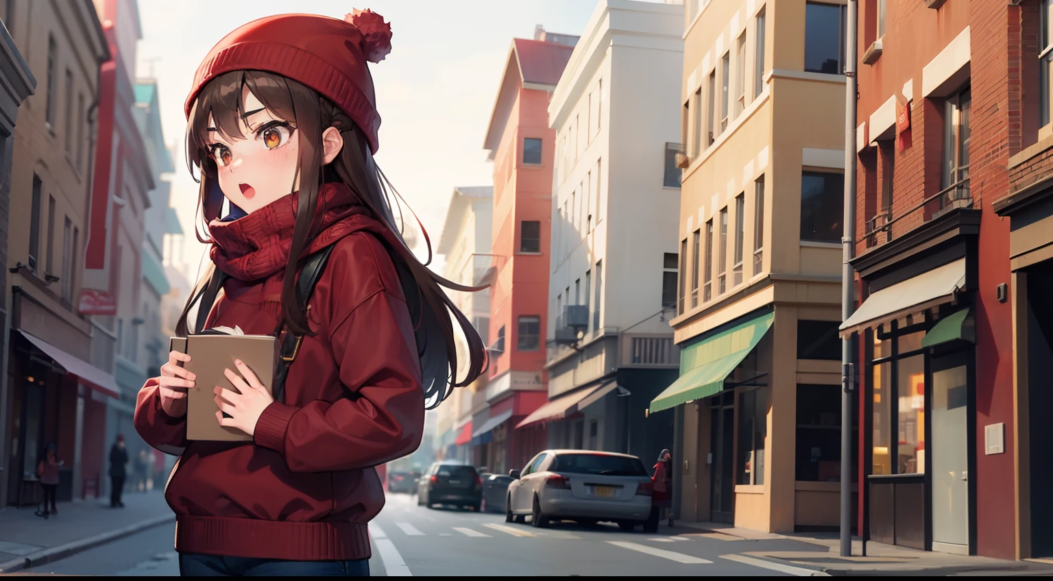 Girl, shocked, red scarf, red bennie, long brown hair, sweater, jeans