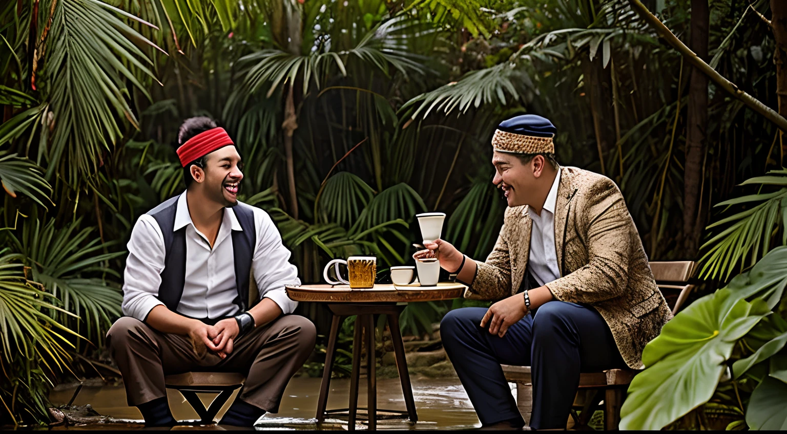 3 malay men seating in office outfit for men drinking coffee in thick and muddy jungle, 1 men wear traditional malay hat ((kopiah:1.3)), wear suit, realistic face, detail face, laughing and happy, matured men, bright lighting, ultra detail photography, wild animal in background, tiger in background, wild tiger hiding in background,