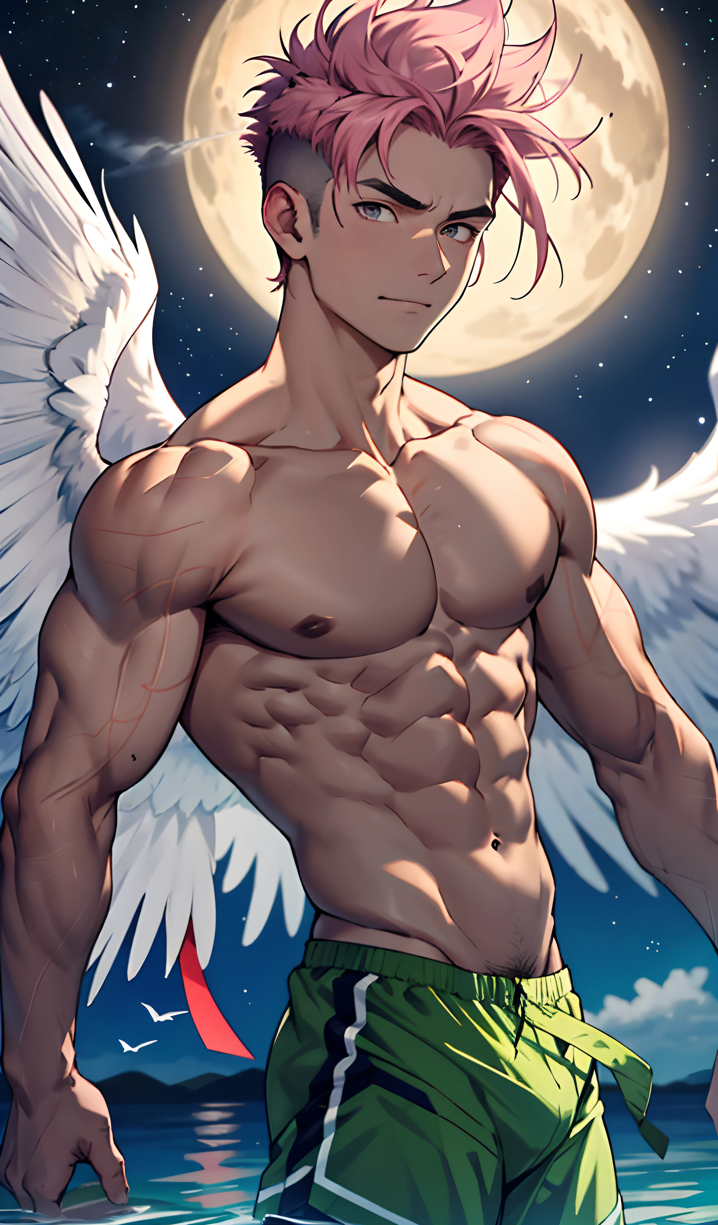 (masterpiece, best quality),Soar among the stars,Fly in the air,afloat,Light golden feathered wings,Pink briefs,Male children,nakeness,'s face,Flat chin,infancy,(Kidface),Pink belly hair,Pink chest hair,Pink pubic hair,Flat chin,Fine face in detail,White men's briefs,musculous,pink short hair,Bright Hair,White eyes,Keep your eyes wide open,nakeness,White briefs,White briefs,Pectoralis abdominal muscles,Strong and well-developed muscles,bright,Bright and vivid colors,(depth of fields:1.2),Positive audience,looking at viewert,the night