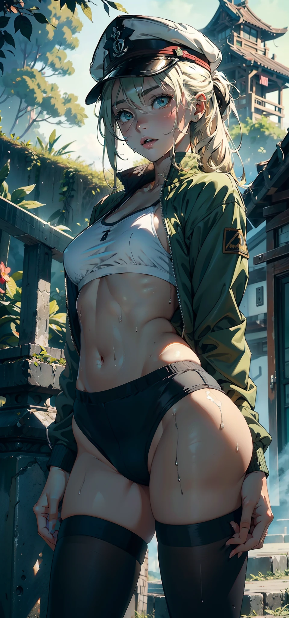 1female，，teens girl，smallunderboob，Pornographic exposure， 独奏，（Background with：hilltop，rainforests，in summer，exteriors） Casual blonde hairstyle，Stride，Sweat profusely，drenched all over the body，seen from the front ， mostly cloudy sky，（（（tmasterpiece），（Very detailed CG unity 8K wallpaper），best qualtiy，cinmatic lighting，detailed back ground，beatiful detailed eyes，Bright pupils，（Very fine and beautiful），（Beautiful and detailed eye description），ultra - detailed，tmasterpiece，）），face to the viewer，frontage，A high resolution，ultra - detailed）nakeness，Wipe off panties，revealing breasts，Bare genitalia， Bulge，Camel toes，Raised sexy，Lewd expression，Flushed complexion，Open-mouthed，frontage，military hat，（Wearing：green colored bomber jacket，Black pantyhose）athletic sneakers