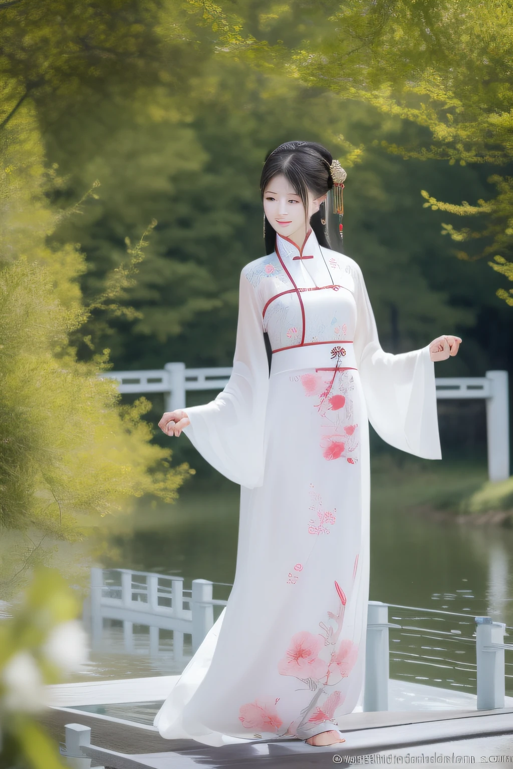 small bridge flowing water,On the bridge deck stood a woman dressed in Chinese clothing,Delicate facial features,In exuberant spirits,hyper HD。