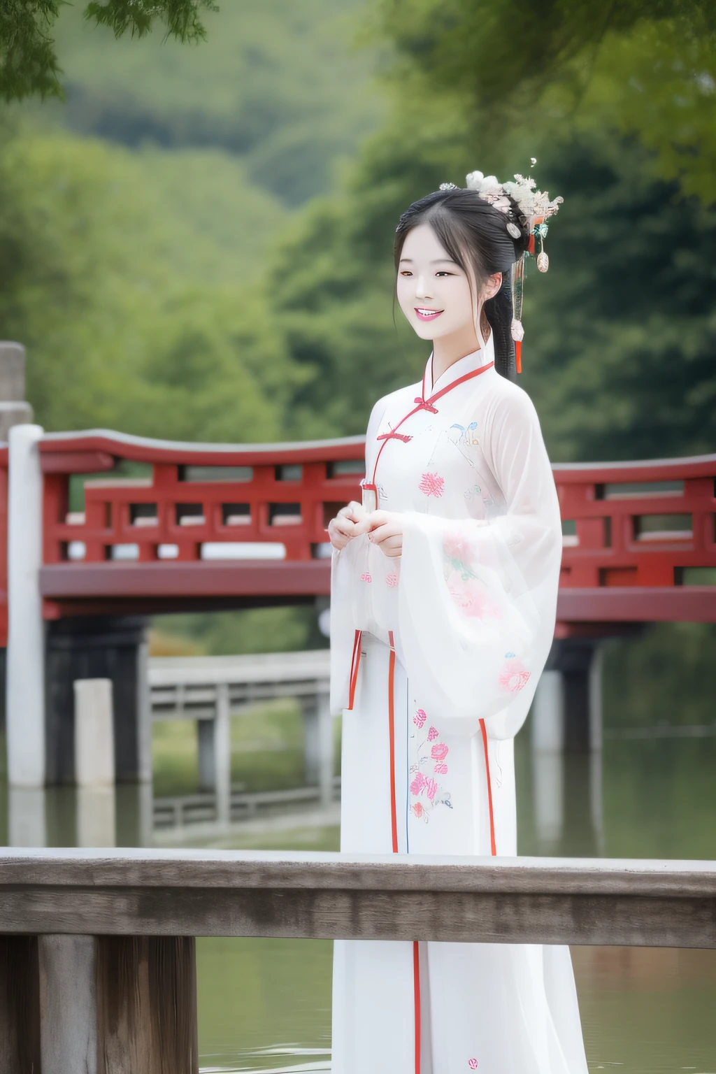 small bridge flowing water,On the bridge deck stood a woman dressed in Chinese clothing,Delicate facial features,In exuberant spirits,hyper HD。