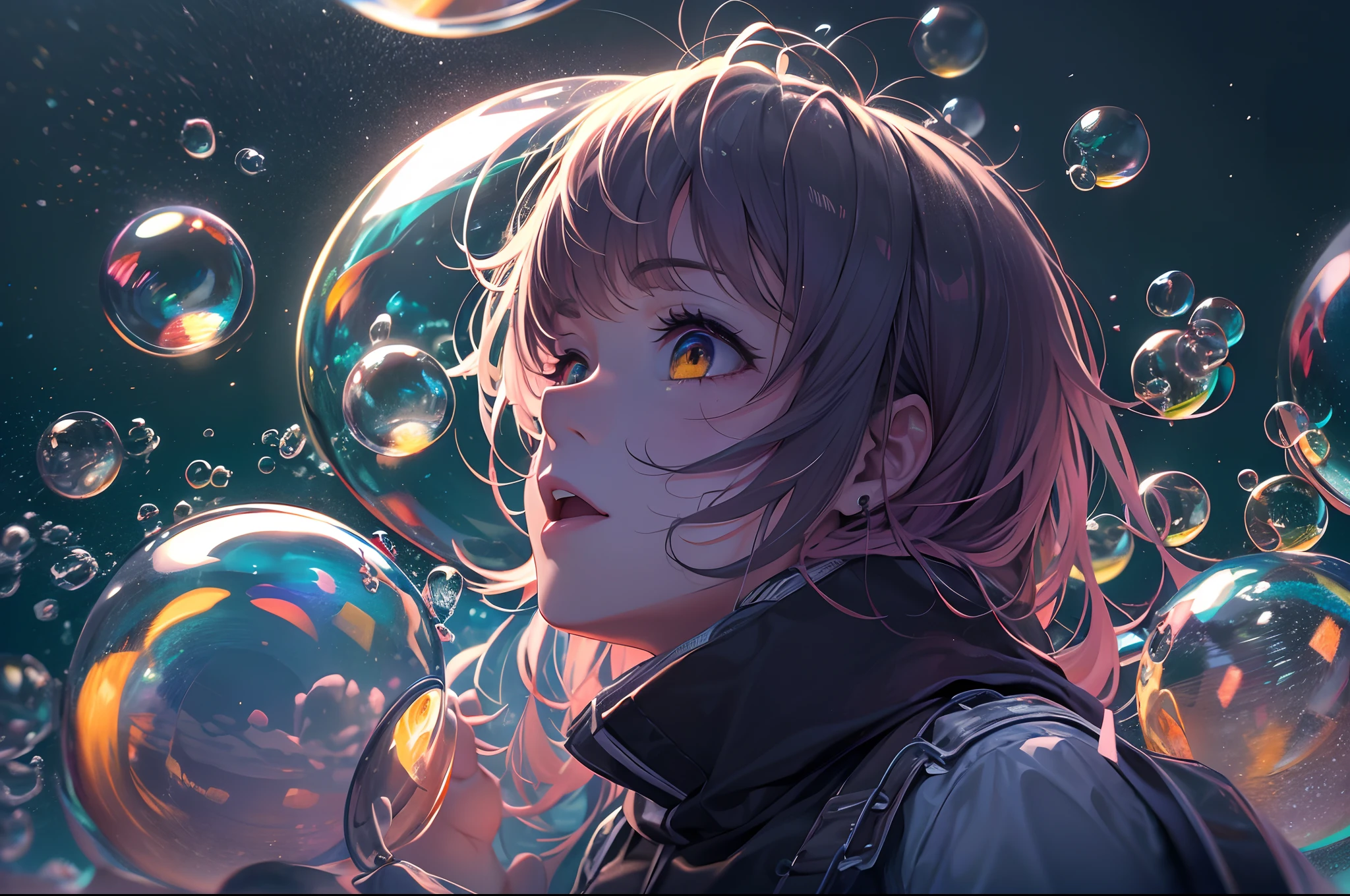 (a ager is sinking into the dark), (under the ocean), ((upside down)), a few of colorful bubbles float up, (beautiful views in the bubbles), gradient eyes, anime style, chiaroscuro, depth of field, cinematic lighting, god rays, ray tracing, reflection light, glowing light, from side, ((wide shot)), highres, (masterpiece), best quality, highres, (super detail), anatomically correct, UHD, textured skin