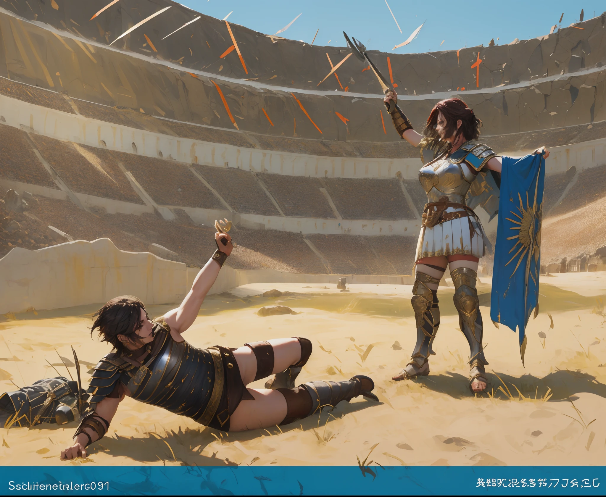 ,sexy woman body,mujeres, dos mujeres luchando, sujetando espada en alto, sujetando un escudo,An illustration of a gladiator and a Roman army soldier fighting in a stadium, en un paisaje de arena de gladiadores, en un coliseo, en una arena, en medio de una arena, Epic battle scene, Gladiador romano, gladiador, Shutterstock, escena de lucha, Epic action scene, Escena de batalla heroica, 3945074687