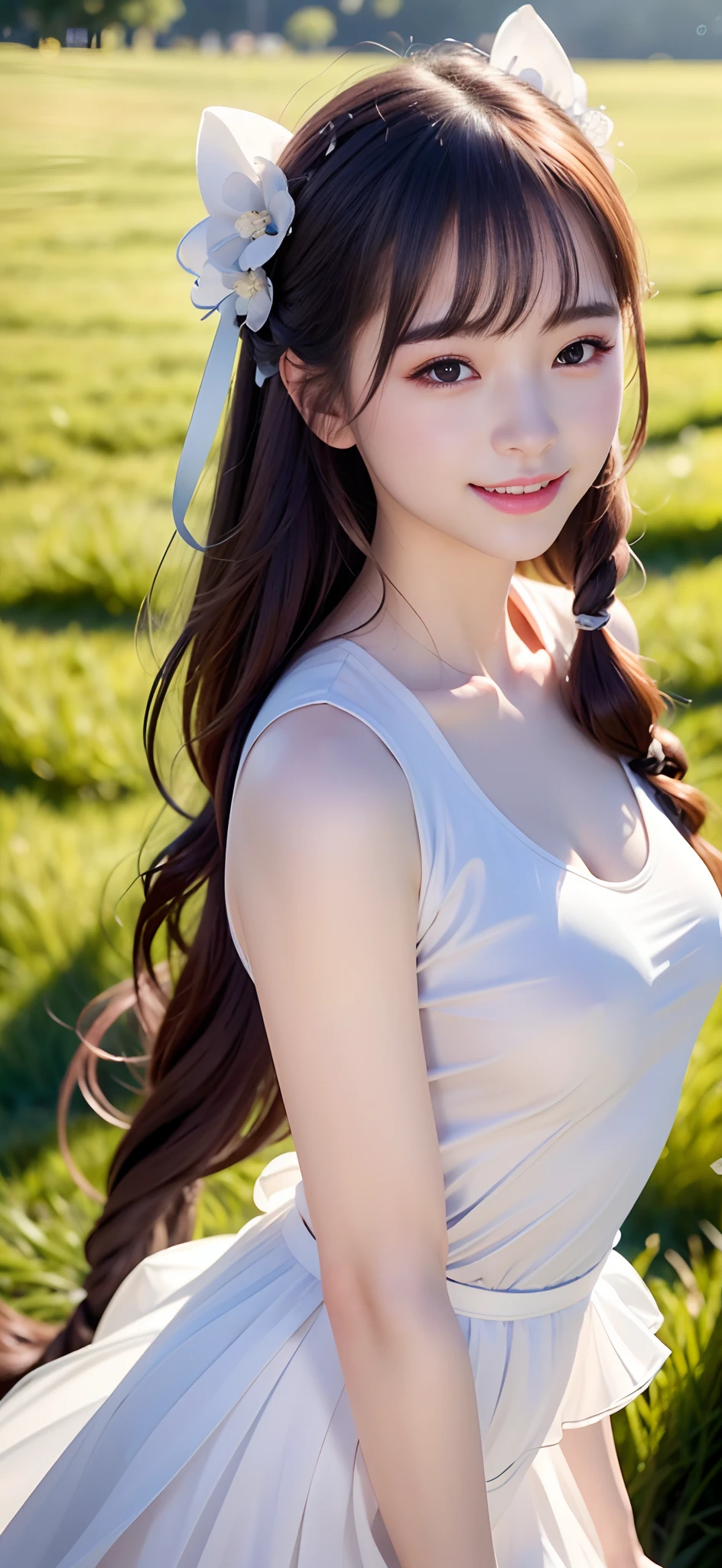 18-year-old smiling female classmate,(best qualtiy,8K,tmasterpiece:1.3),Goose egg face,largeeyes,long eyelasher,Exquisite(live-action realistic style),Star-like eyes,Ultimate face,Photorealistic light and shadow,Clear facial features,Milky white skin,Fair skin, highdetailskin, Realistic skin details, Visible Pore,(Super detail),(perfect bodies:1.1),Two braids,Hanfu,Ribbons,(dynamicposes),((Dynamic background((volumettic light:1.3)) ,grassy fields,school ground
