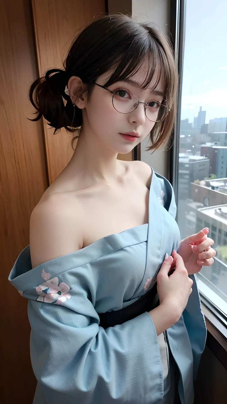 masterpiece,extremely detailed,CG,unity,8, wallpaper,best quality,realistic,photo-realistic,RAW photo,artistc,finely detail,award winning photo,Grand Prix Award photo,cinematic lighting,perfect body,thin waist,beautiful,cute,1lady,office lady,26years old,messy Dark blonde medium  pixie hair, BREAK (onsen yukata with floral pattern),long sleeve,((all fours on the white futon)),(angle from below:1.5),looking at viewer,ryokan,room,(smile:1.2),(downblouse:1.3), (nipslip:1.3),(cleavage),(Glasses:1.3),