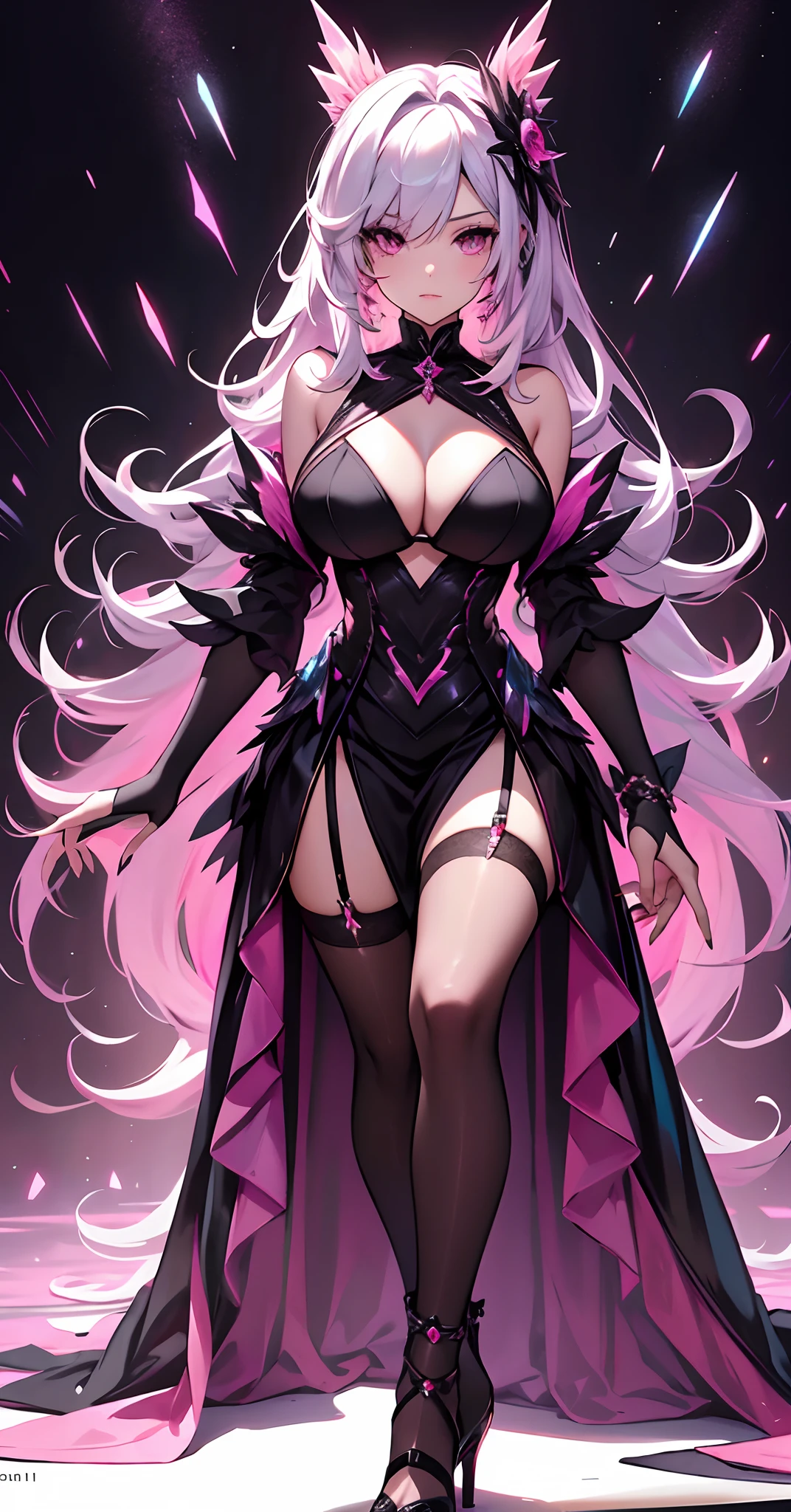 best qualityer,tmasterpiece,Ultimate resolution,downy,Extremely colorful,Colorful,Lady,a matural female,A meticulously portrayed face,Black dress long dress,Gorgeous dress,huge tit,(Ultra-short pink and white hair,A bun),(black lence stockings,Stiletto sandals),soles of feet,Pink starry sky,Normal posture,Normal posture