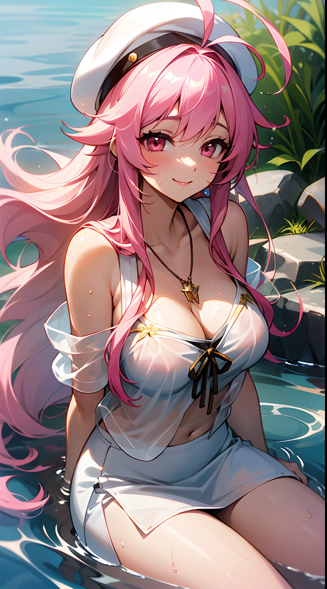 1 girl, game CG, see-through white clothes, cleavage visible, shoulder visible, see-through white short skirt, small white beret, jewel pendant, gigantic breasts, pink hair, long hair, straight hair, princess hairstyle, ahoge, pink eyes, smile, get wet, splash, river, sit,