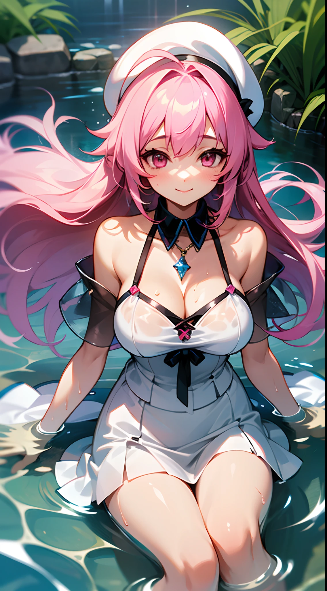 1 girl, game CG, see-through white clothes, cleavage visible, shoulder visible, see-through white short skirt, small white beret, jewel pendant, gigantic breasts, pink hair, long hair, straight hair, princess hairstyle, ahoge, pink eyes, smile, get wet, splash, river, sit,
