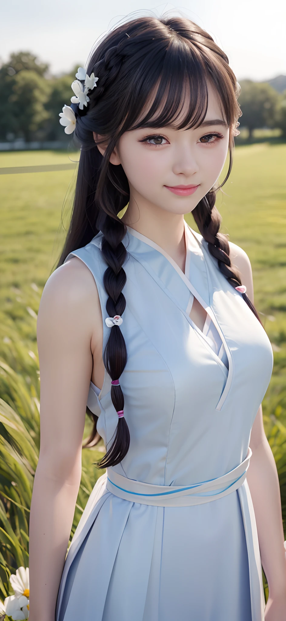 18-year-old smiling female classmate,(best qualtiy,8K,tmasterpiece:1.3),Goose egg face,largeeyes,long eyelasher,Exquisite(live-action realistic style),Star-like eyes,Ultimate face,Photorealistic light and shadow,Clear facial features,Milky white skin,Fair skin, highdetailskin, Realistic skin details, Visible Pore,(Super detail),Petite body,(perfect bodies:1.1),Two braids,Hanfu,Ribbons,(dynamicposes),((Dynamic background((volumettic light:1.3)) ,grassy fields,University campuses