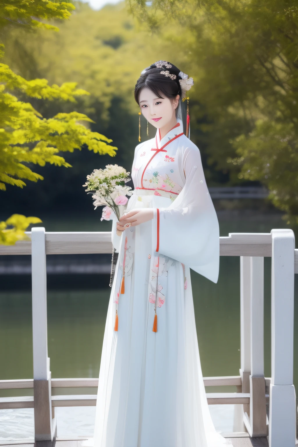 small bridge flowing water，On the bridge deck stood a woman dressed in Chinese clothing。，Delicate facial features，In exuberant spirits，hyper HD。