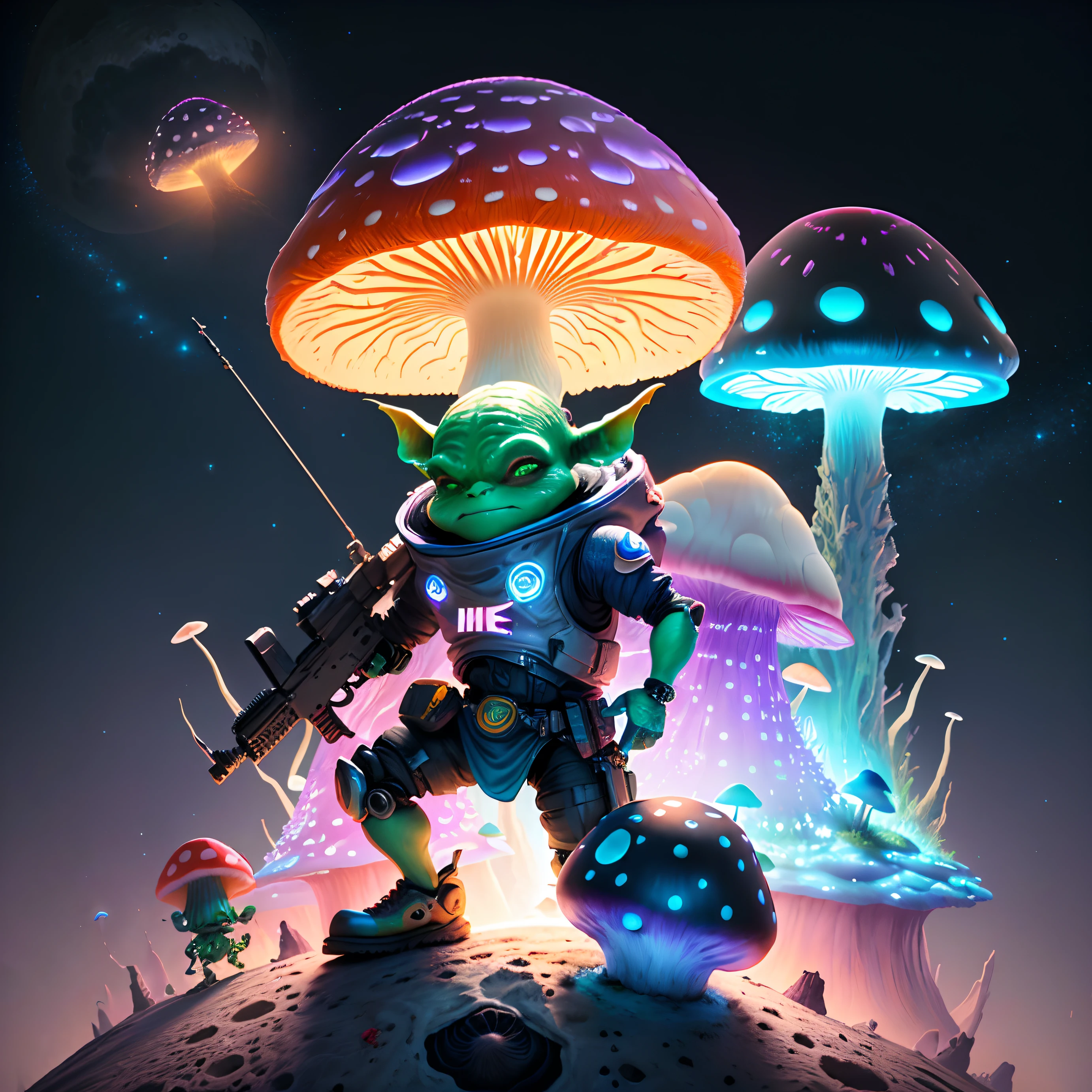 A magical goblin on top of a mushroom on the moon, vestido de nike, futuristic and carrying a mechanical weapon, com um universo colorido ao fundo. Pixar Animation, funky blind box, OC render, Ray-tracing, alta qualidade, alto detalhe, alta resolução, 8k, tamanho do busto