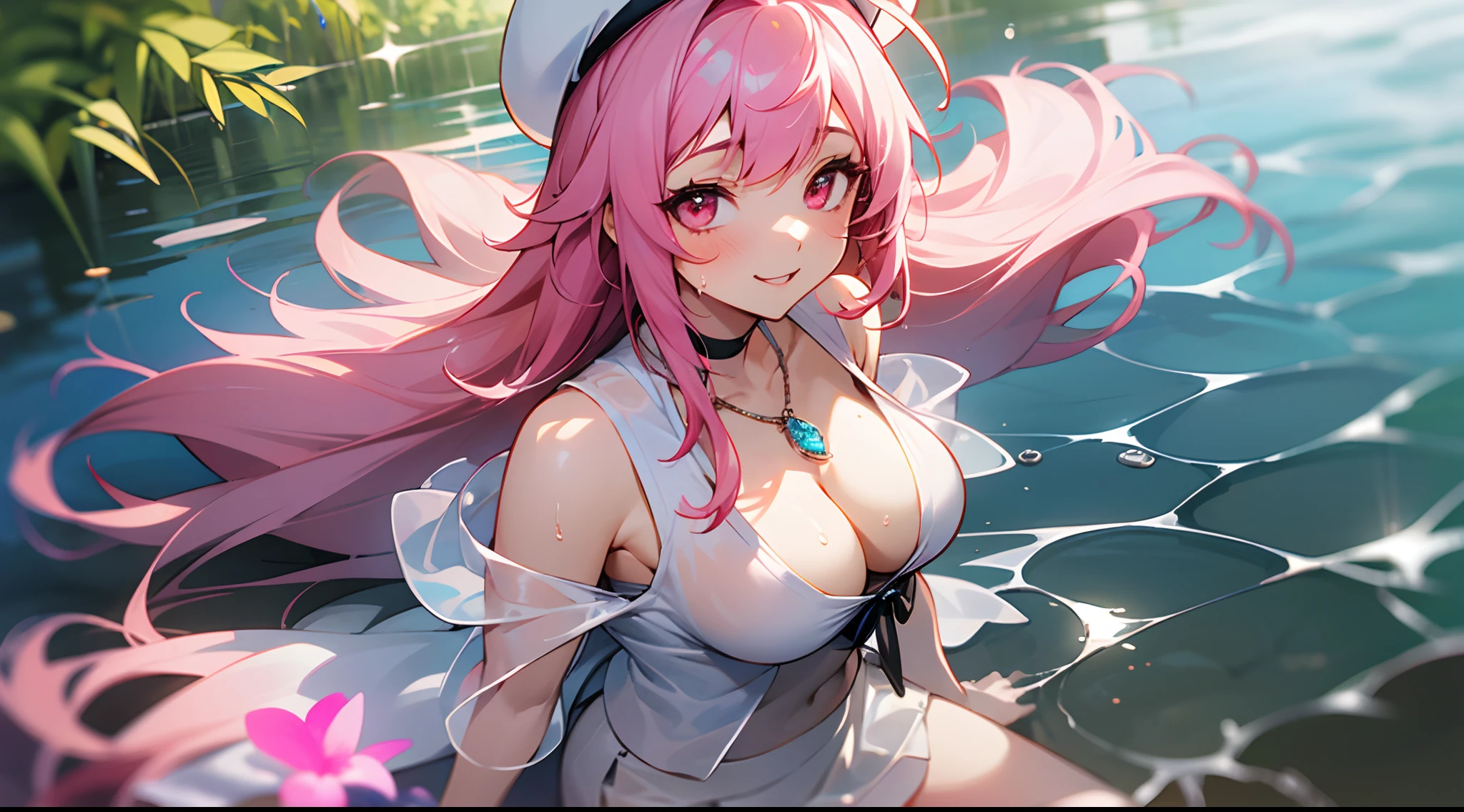 1 girl, game CG, see-through white clothes, cleavage visible, shoulder visible, see-through white short skirt, small white beret, jewel pendant, gigantic breasts, pink hair, long hair, straight hair, princess hairstyle, ahoge, pink eyes, smile, get wet, splash, river, sit,